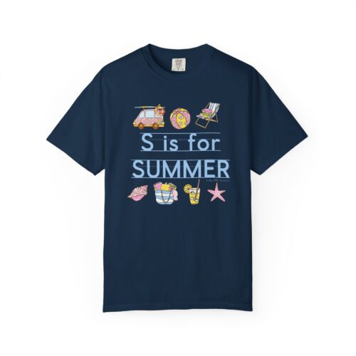 Relaxed fit navy blue teacher T-shirt with summer-themed illustrations, including a beach chair, flip-flops, sunhat, drink, starfish, and the text "S is for SUMMER" for end-of-school celebration.
