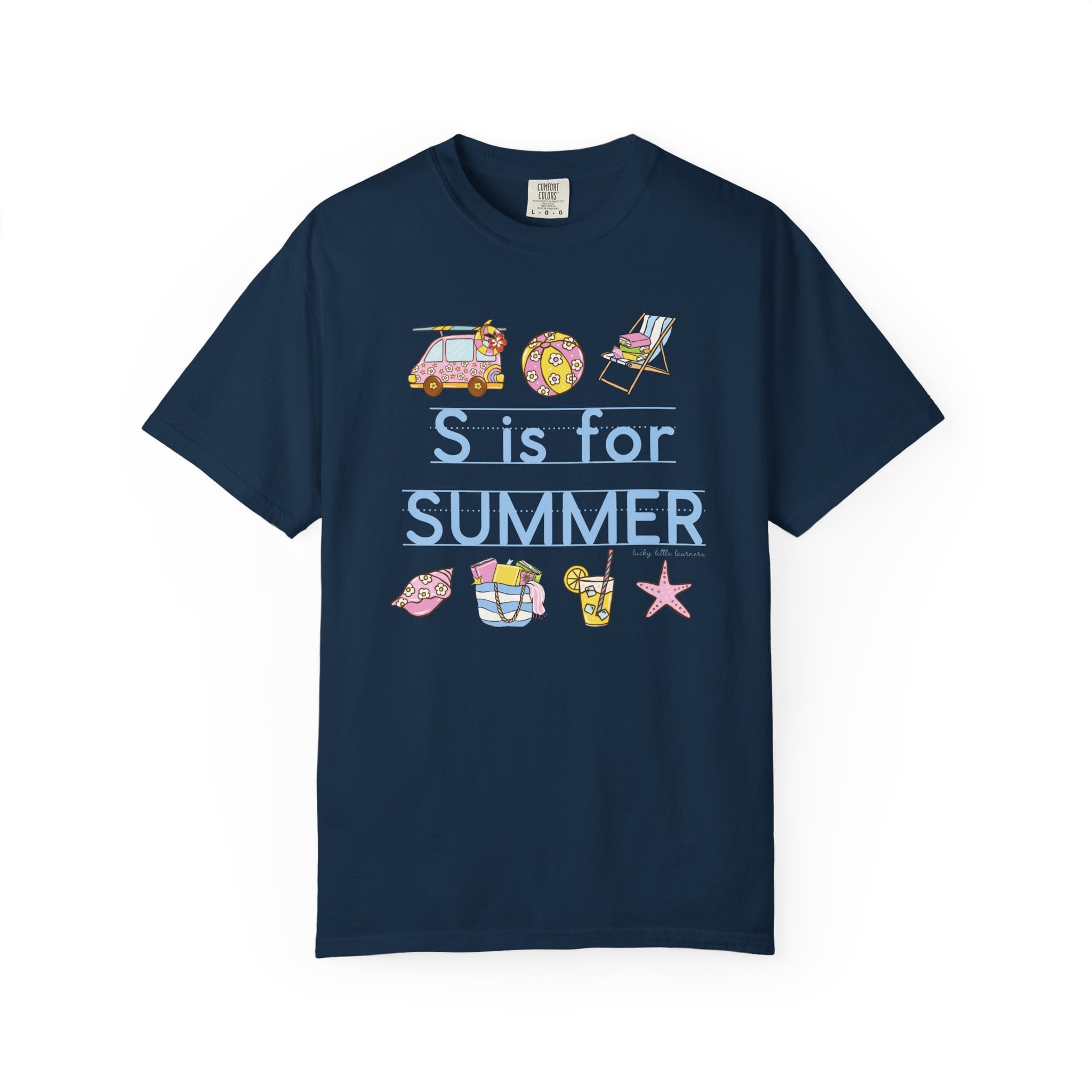 Relaxed fit navy blue teacher T-shirt with summer-themed illustrations, including a beach chair, flip-flops, sunhat, drink, starfish, and the text "S is for SUMMER" for end-of-school celebration.