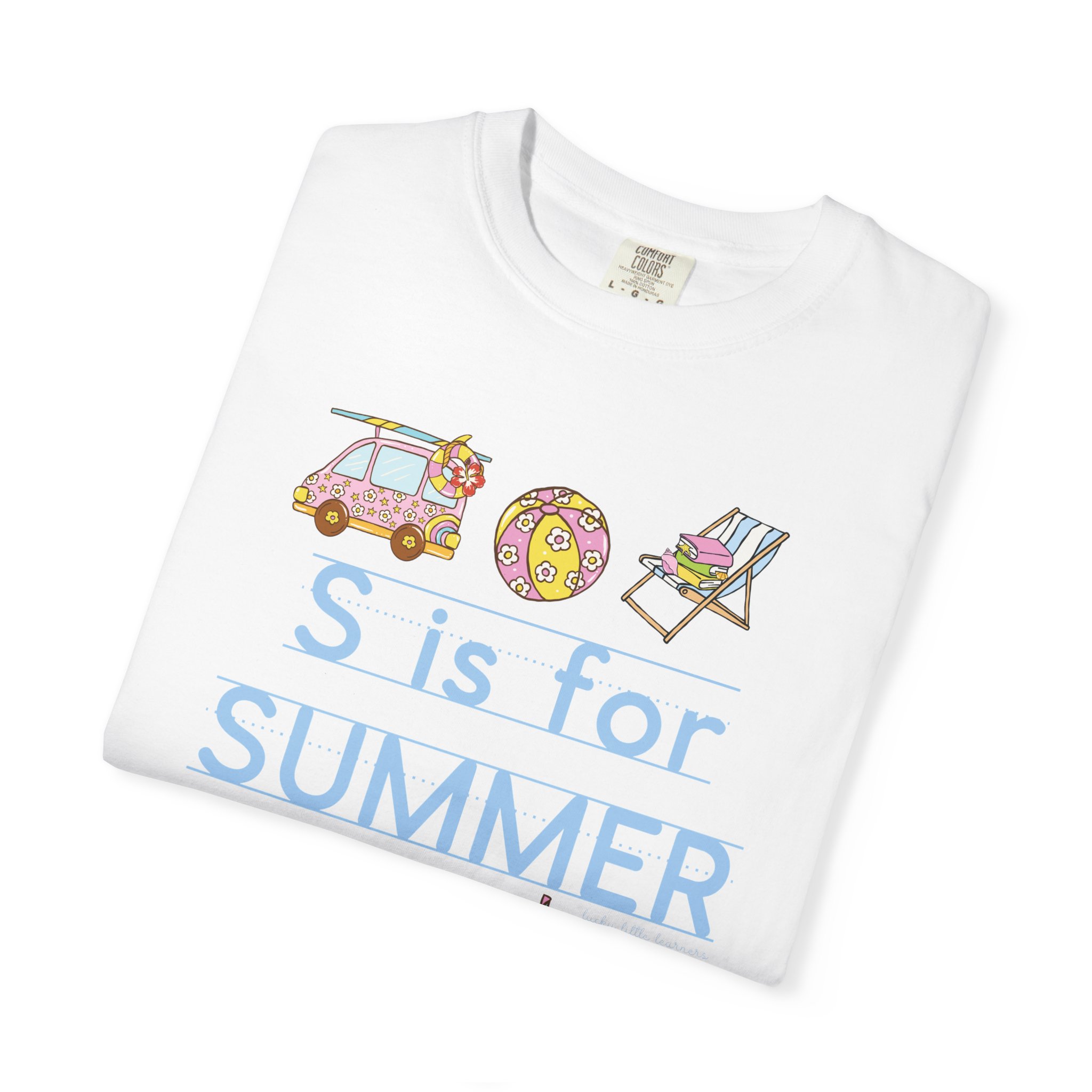 A colorful "S is for Summer" teacher T-shirt with summer-themed illustrations including a car, beach ball, and lounge chair, perfect for last day of school celebrations and summer teaching activities.