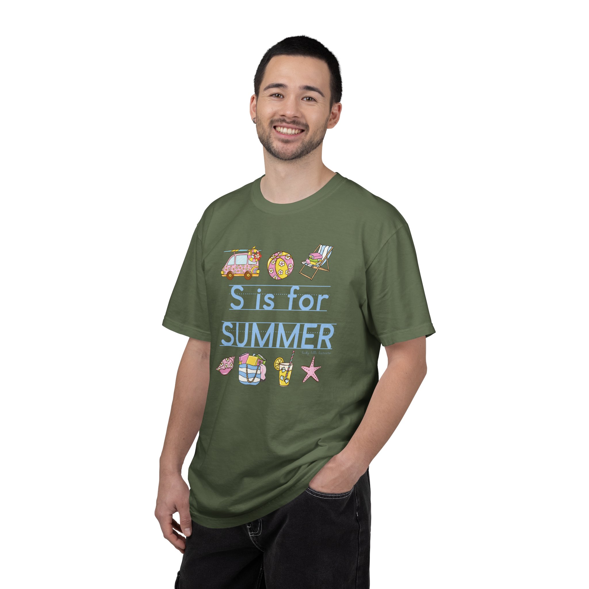 Relaxed man wearing a green "S is for Summer" teacher T-shirt, celebrating the last day of school with summer-themed illustrations, perfect for summer teacher appreciation and end-of-year celebration.