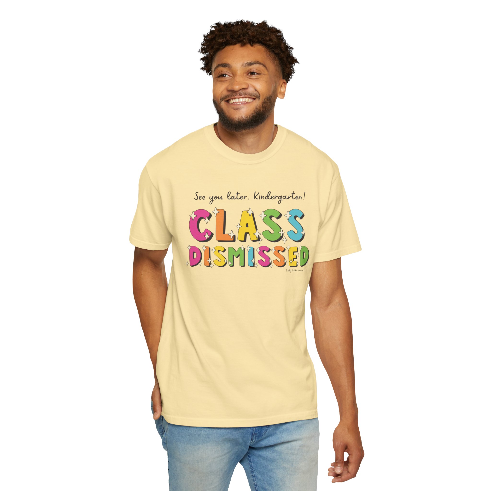 See you later kindergarten! Class dismissed T-shirt for kids, featuring colorful text and a cheerful design, perfect for celebrating the end of the school year and promoting early childhood education.