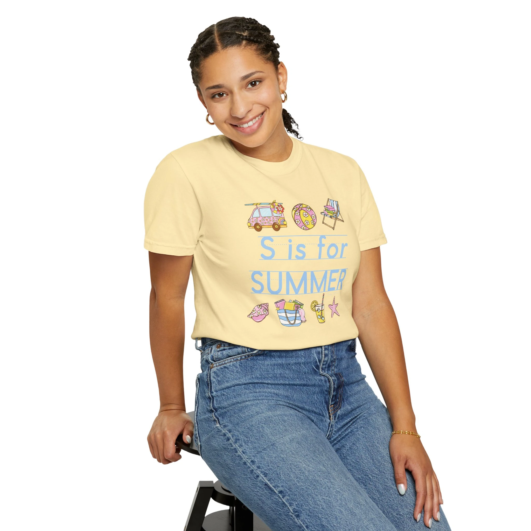 Enjoy summer with this "S is for Summer" teacher T-shirt, perfect for last day of school celebrations, featuring colorful summer-themed illustrations and comfortable fit for teachers.