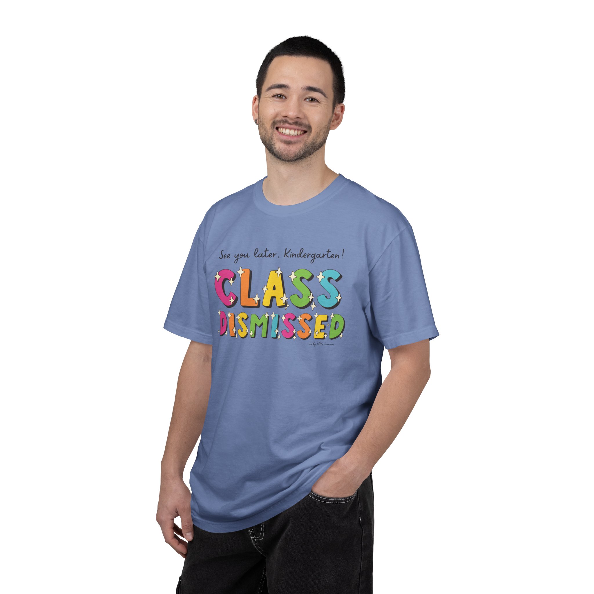 See you later, kindergarten! Class dismissed T-shirt for teachers and students, colorful classroom apparel, perfect for end-of-year celebrations, and school events, emphasizing fun and learning.