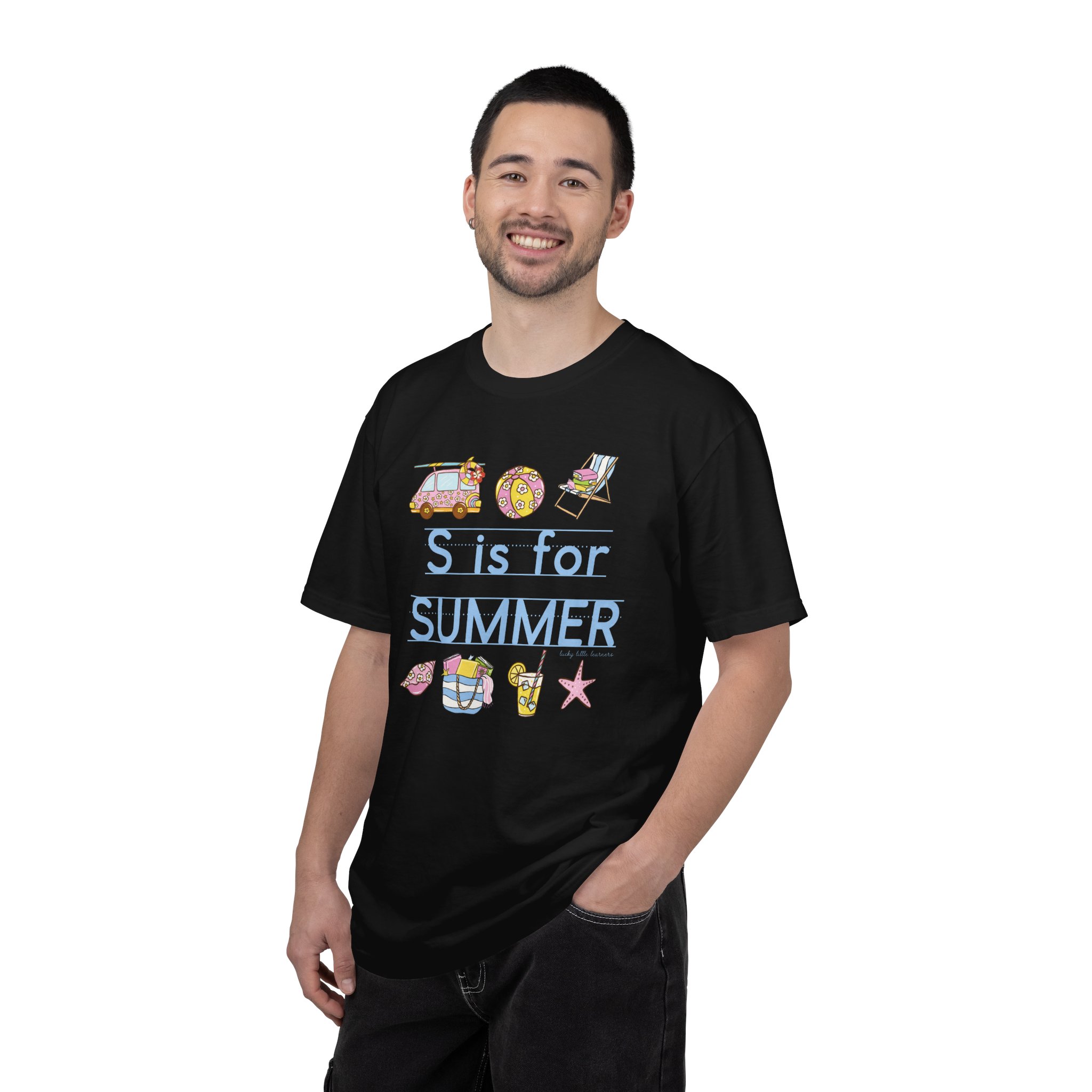 Relaxed fit teacher T-shirt with "S is for Summer" text, featuring colorful summer-themed illustrations like a beach ball, ice cream, and star, perfect for last day of school celebrations.