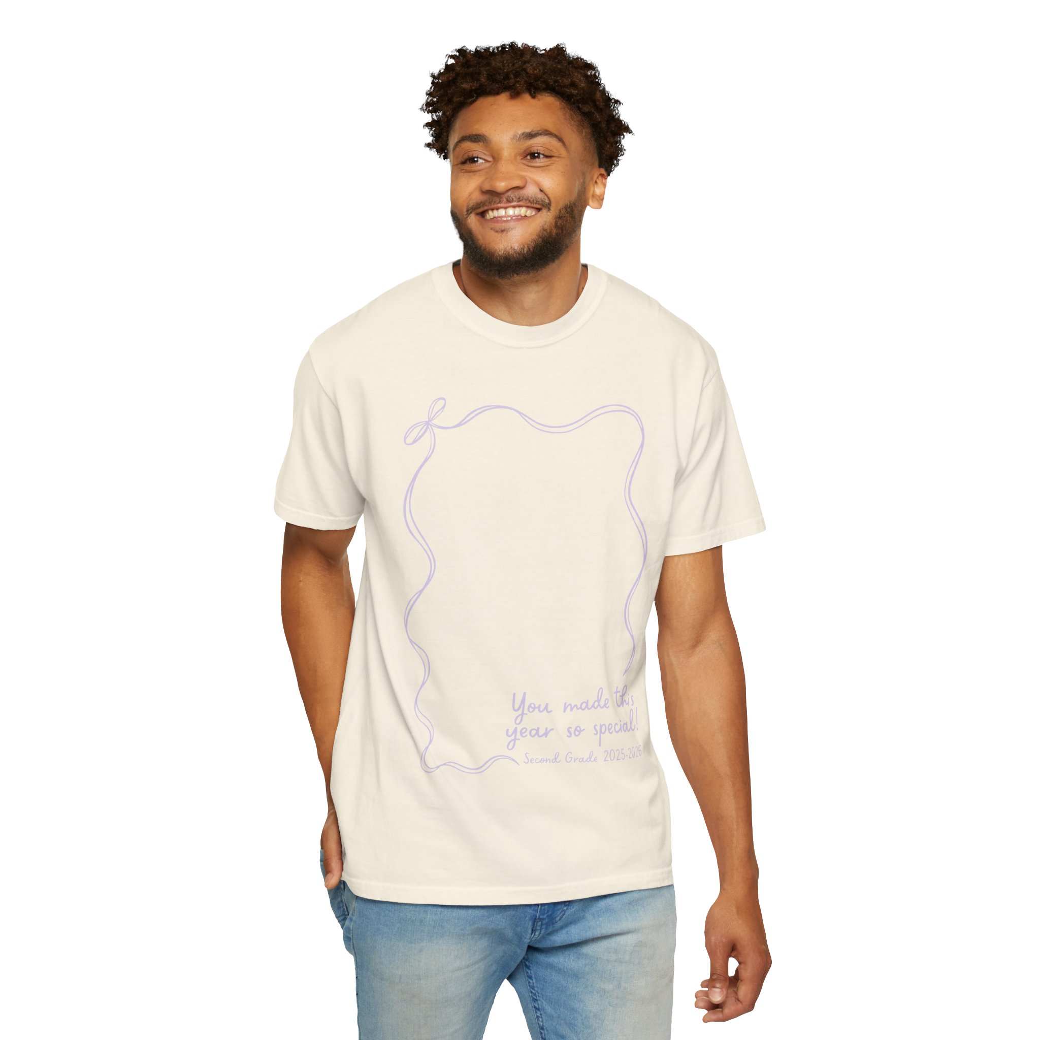 A cheerful man wearing a 2nd Grade Autograph T-Shirt with a customizable autograph area, perfect as a teacher's year-end keepsake, celebrating student signatures and memories.