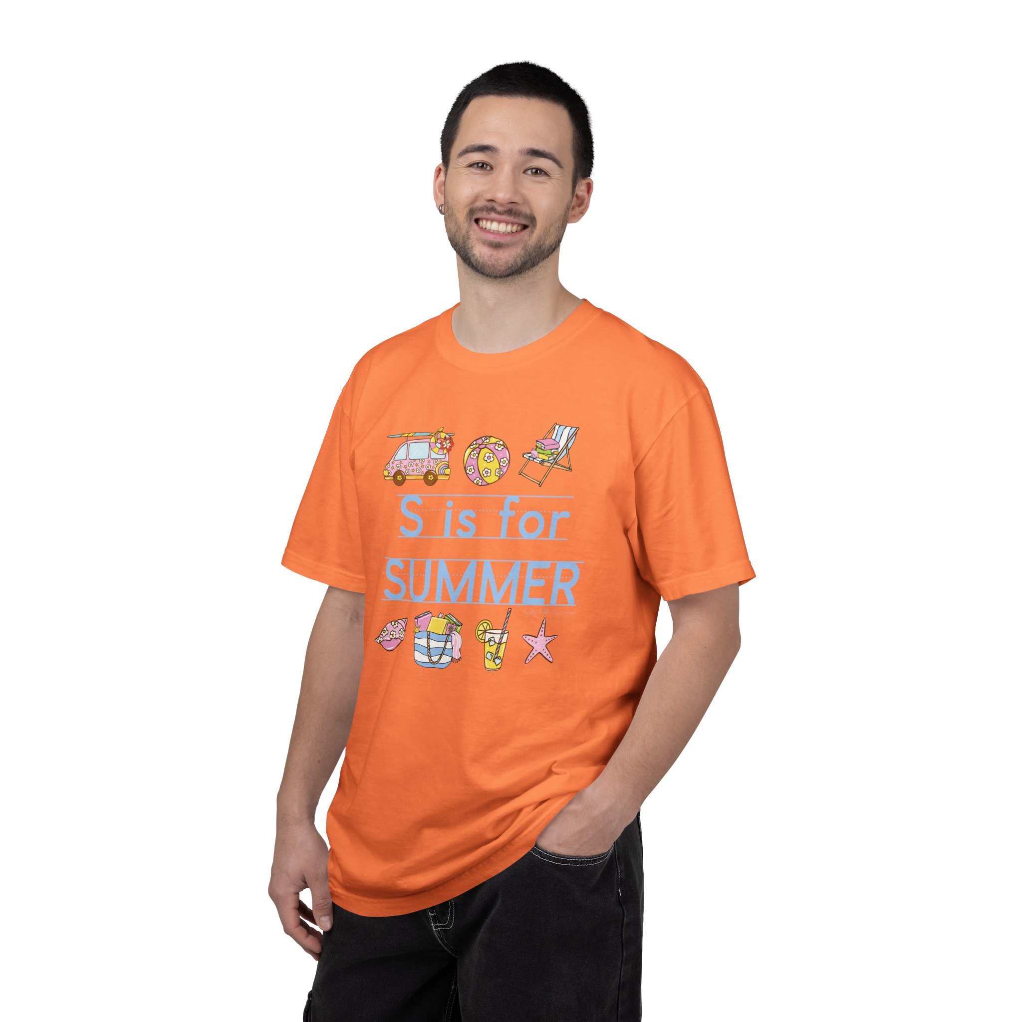 Enjoy your last day of school with this summer-themed teacher T-shirt featuring the phrase "S is for Summer" and fun illustrations of a van, beach ball, sunglasses, and star, perfect for celebrating.