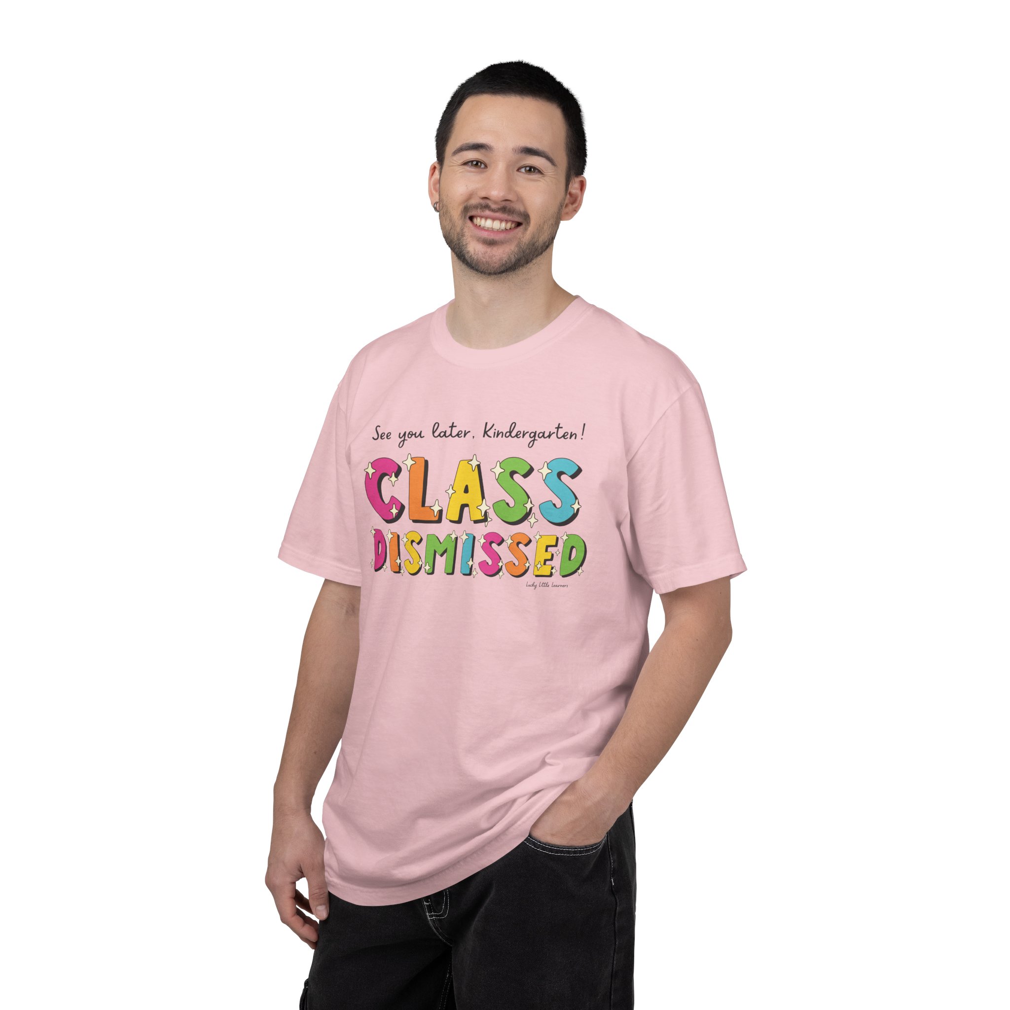 See you later, kindergarten! Class dismissed T-shirt for kids, colorful classroom design, perfect for preschool graduation, back-to-school, and teacher gifts, emphasizing fun and education.