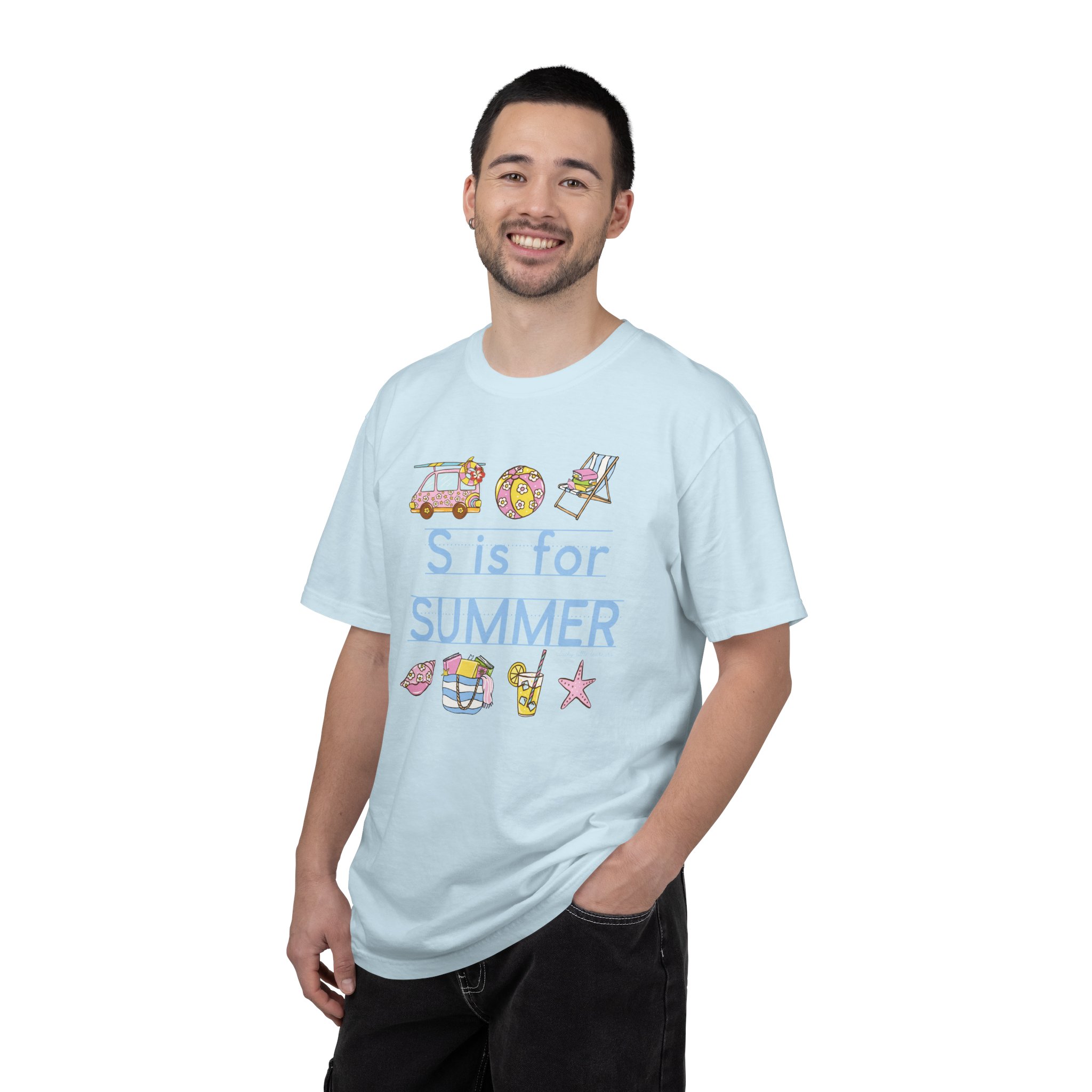 Relaxed man wearing a light blue "S is for Summer" teacher T-shirt, celebrating the last day of school with summer-themed illustrations, perfect for summer teacher appreciation and classroom celebrat.