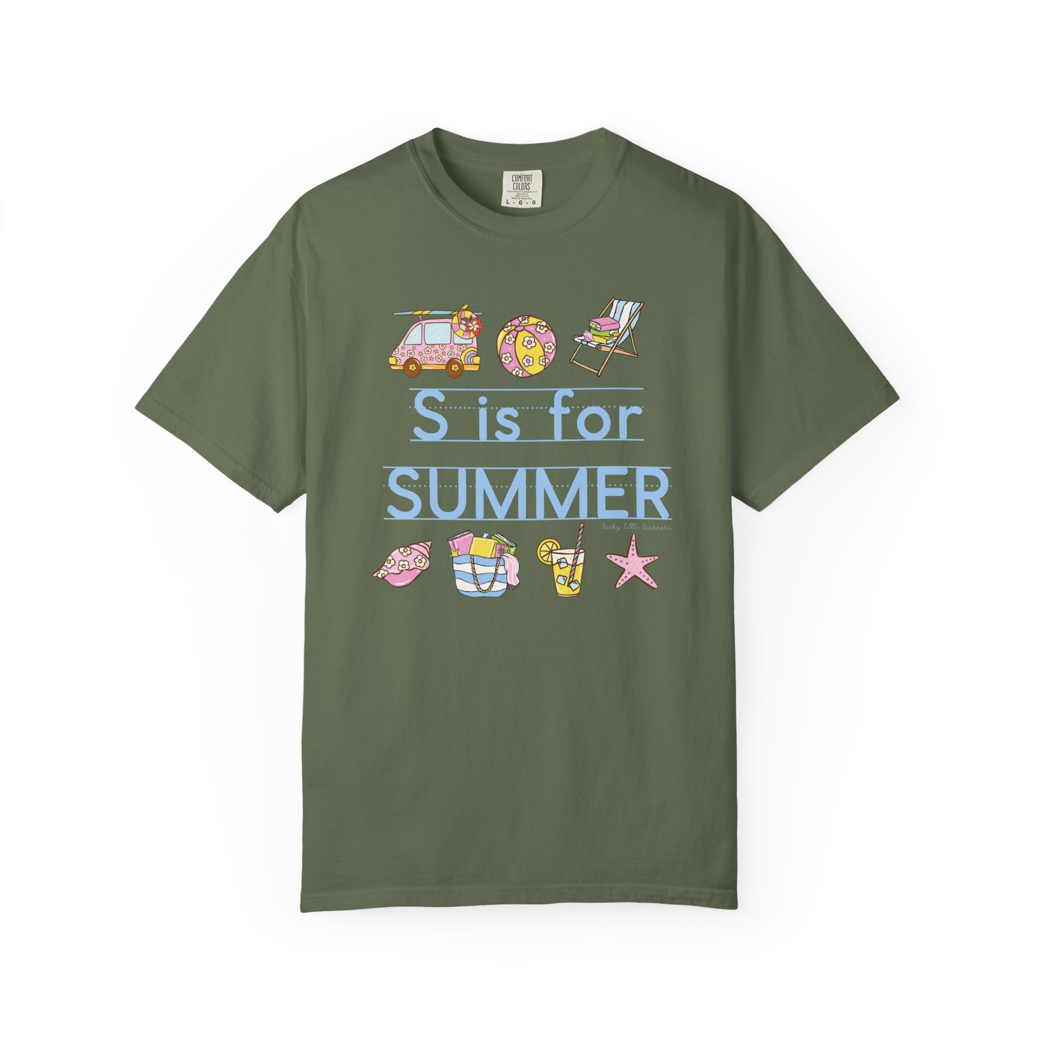 Relaxed green teacher T-shirt with summer-themed illustrations, including a van, donut, beach chair, seashell, starfish, and drinks, celebrating the last day of school and summer fun for teachers.
