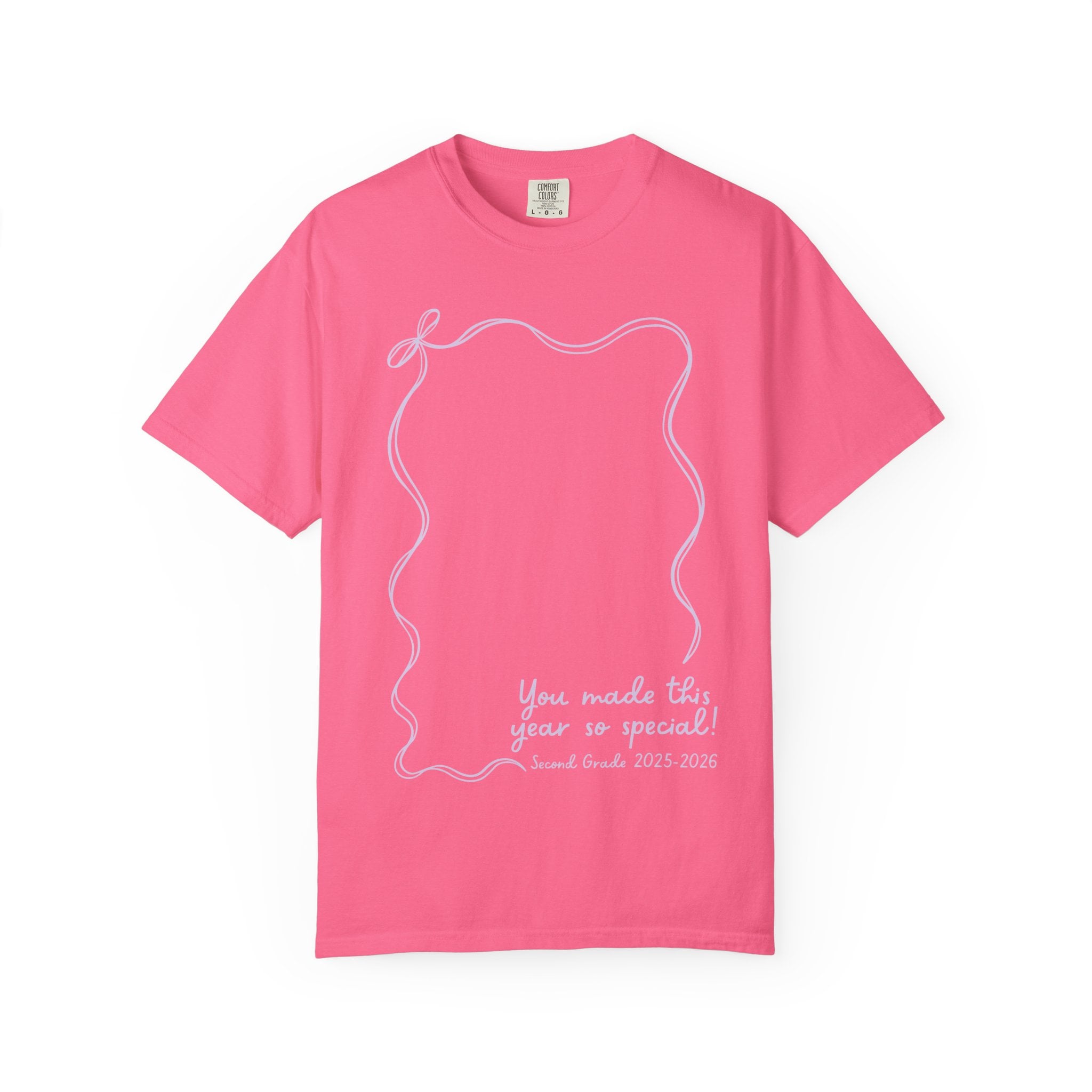 A colorful pink 2nd grade autograph T-shirt with a white decorative border and handwritten-style message, perfect as a teacher wearable year-end keepsake for students and educators.