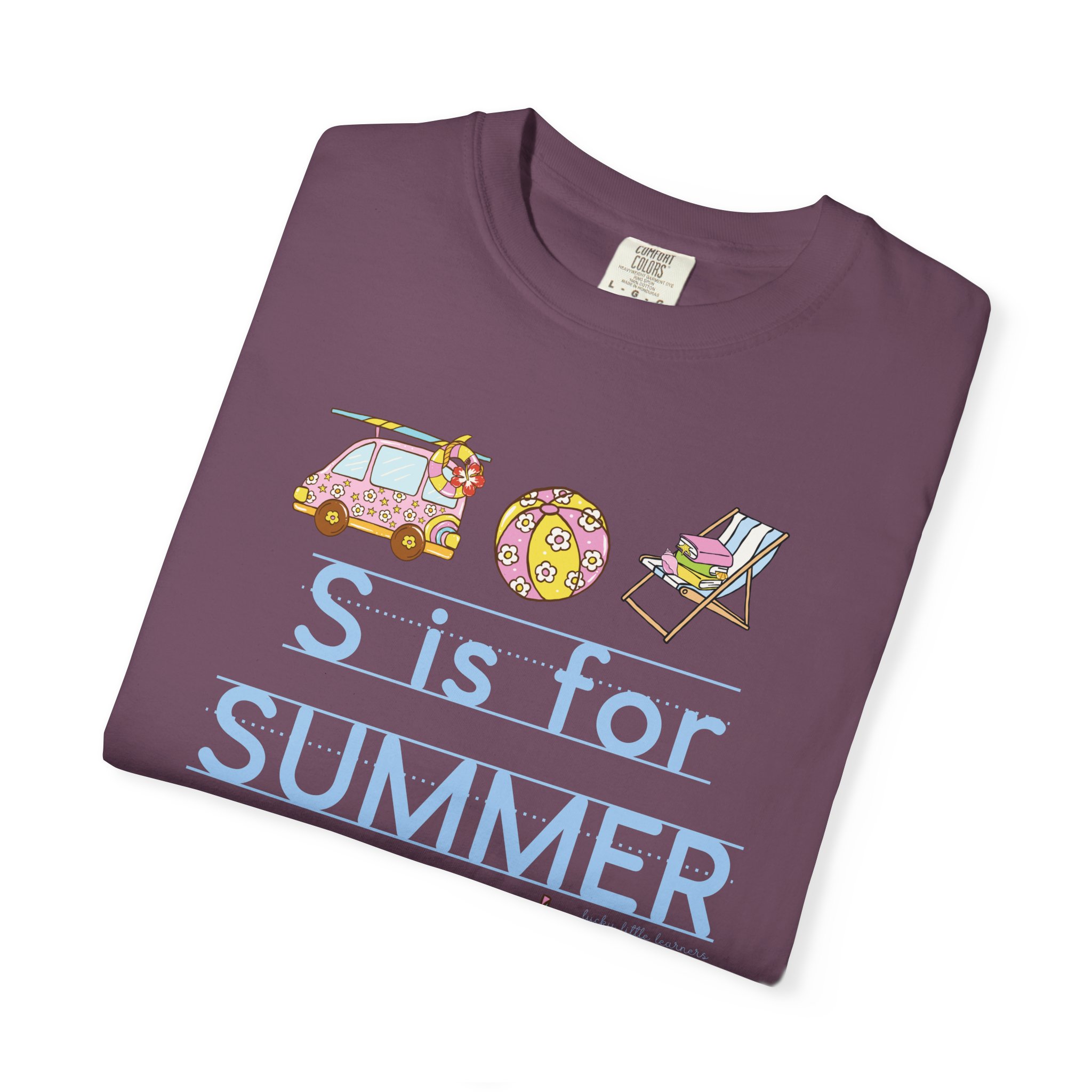 A colorful "S is for Summer" teacher T-shirt featuring a car, beach ball, and lounge chair, perfect for last day of school celebrations and summer classroom activities.