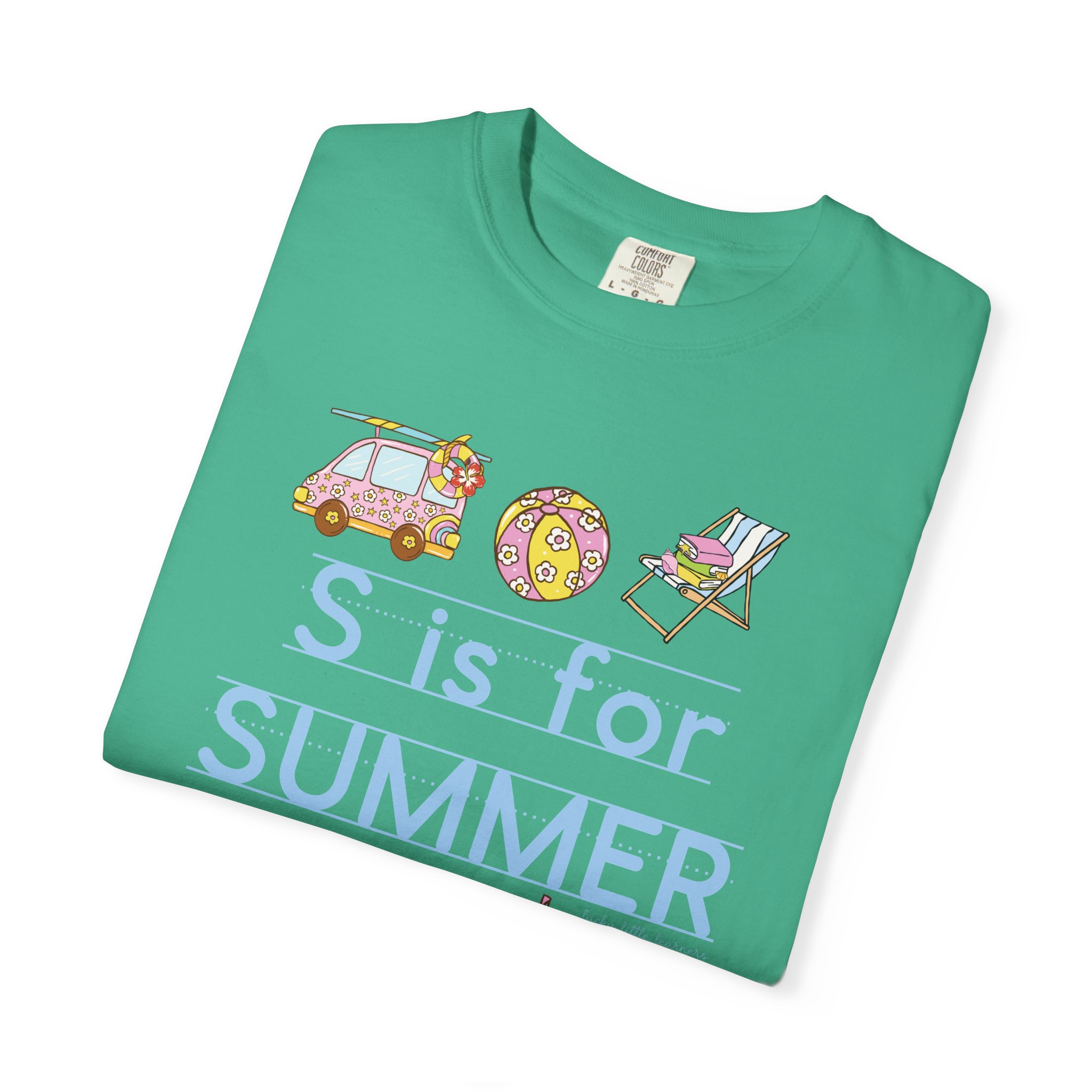 A colorful "S is for Summer" teacher T-shirt featuring a car with a surfboard, a beach ball, and a lounge chair, perfect for last day of school celebrations and summer classroom activities.