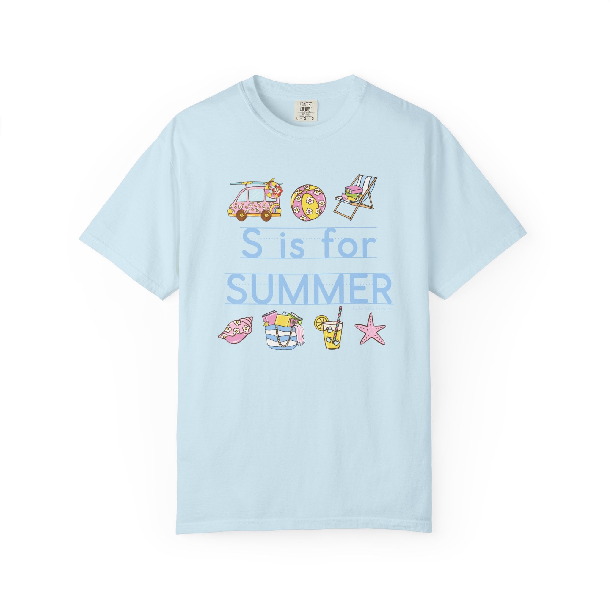 Relaxed, pastel blue teacher T-shirt with summer-themed illustrations including a beach chair, starfish, sunglasses, and a drink, perfect for last day of school celebrations and summer teaching event.