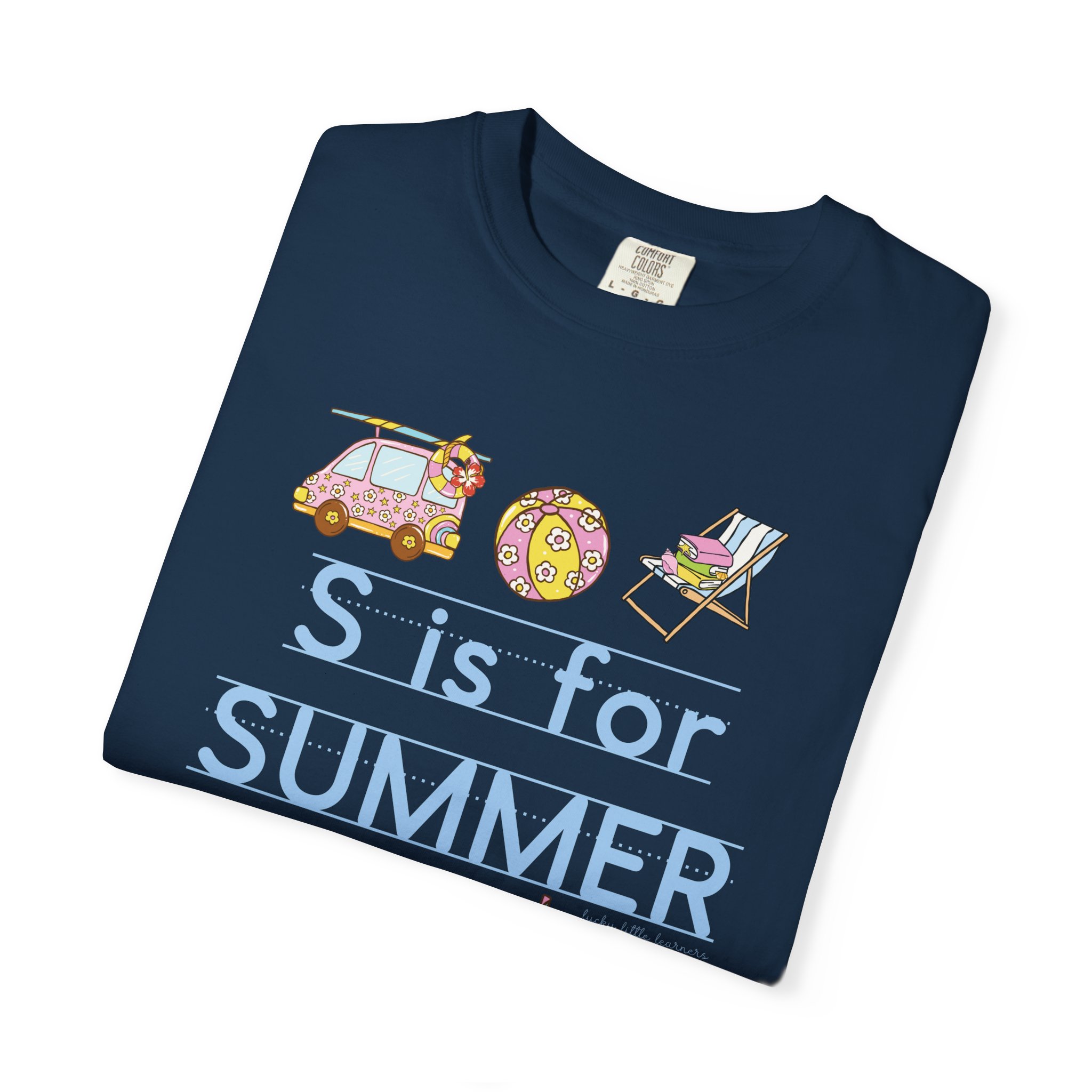 Relaxed, colorful "S is for Summer" teacher T-shirt with a car, beach ball, and lounge chair, perfect for last day of school celebration, summer teaching, and summer-themed classroom activities.