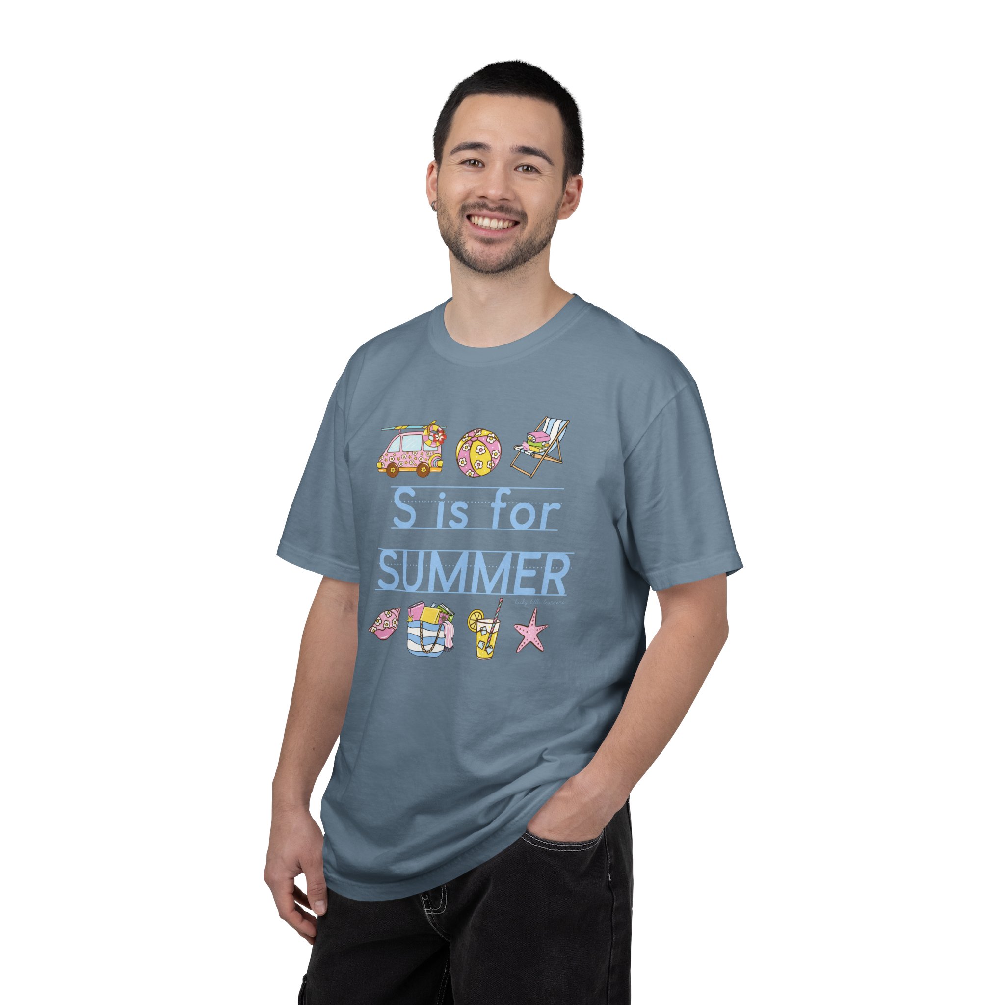 A colorful teacher T-shirt with summer-themed illustrations, including a van, sunglasses, ice cream, and beach ball, featuring the text "S is for Summer" for last day of school celebration.