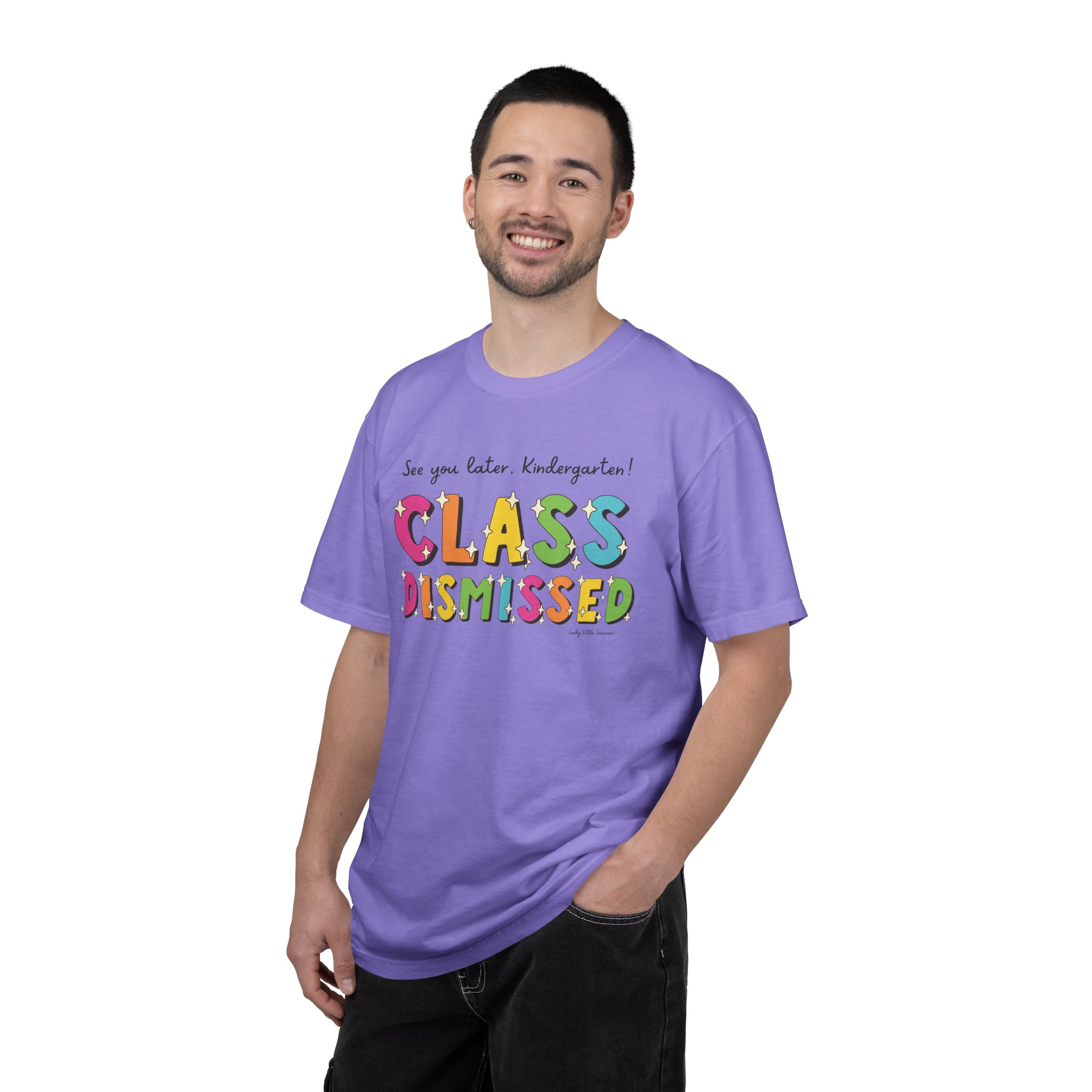 Enjoyable and colorful "Class Dismissed" kindergarten T-shirt for kids, perfect for celebrating the end of the school year, featuring playful lettering and a fun design for young learners.