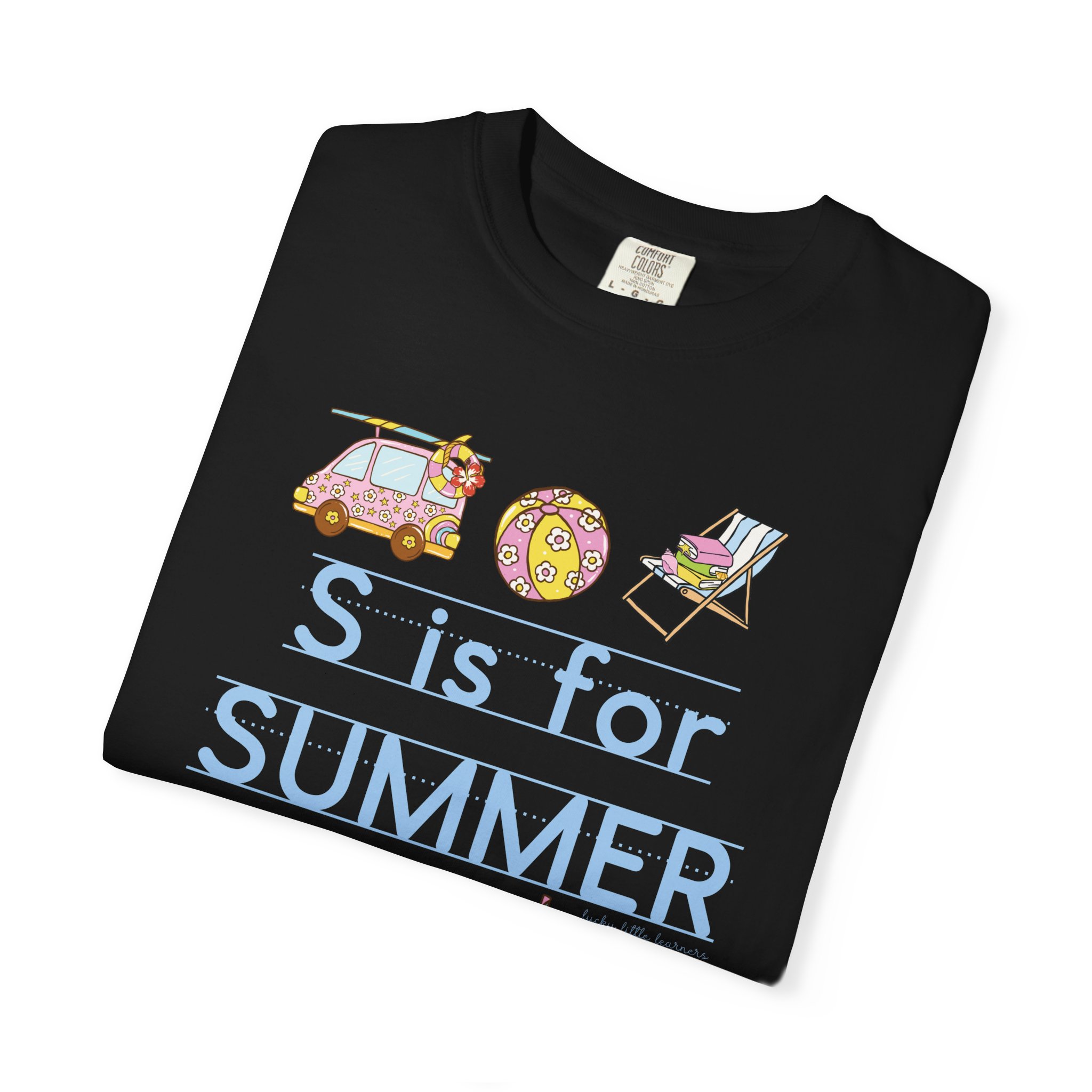 A colorful summer-themed teacher T-shirt featuring a car, beach ball, and lounge chair with the text "S is for SUMMER" for end-of-school celebration and summer teaching activities.