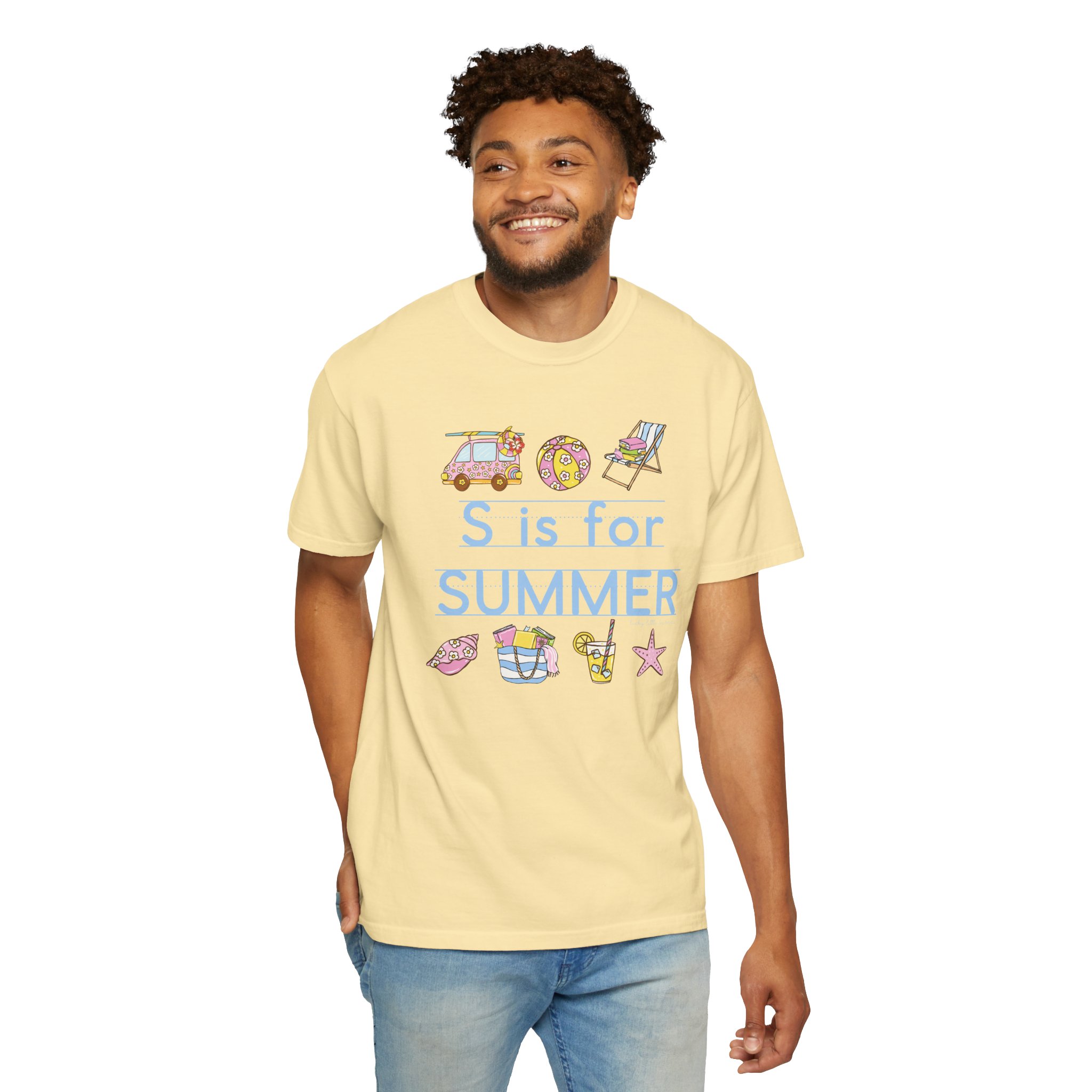 Relaxed man wearing a summer-themed teacher T-shirt with illustrations of a car, donut, beach ball, and star, celebrating the last day of school, perfect for summer teacher apparel and back-to-school.
