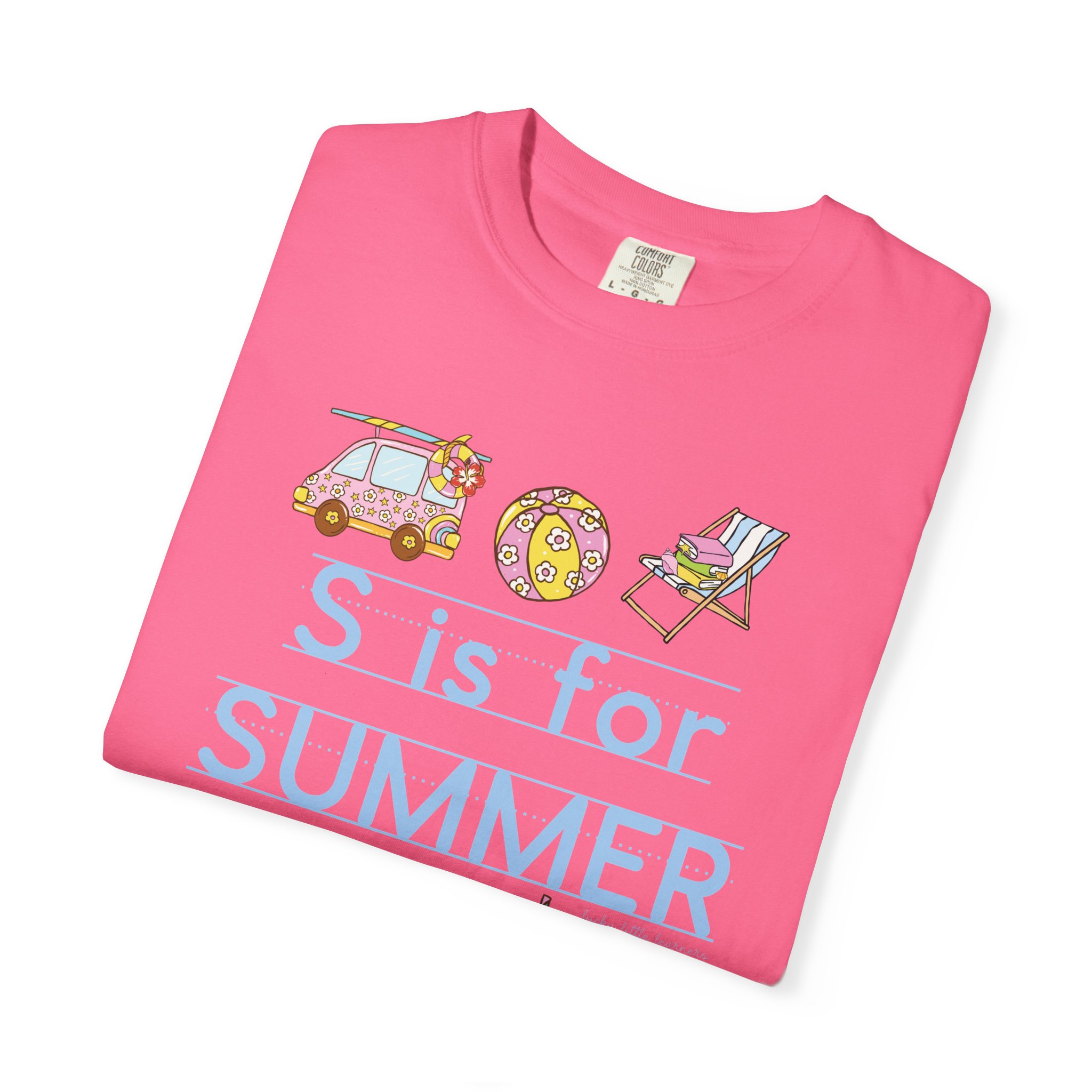 A colorful pink teacher T-shirt with summer-themed illustrations, including a car, a beach ball, and a lounge chair, perfect for celebrating the last day of school and summer fun.