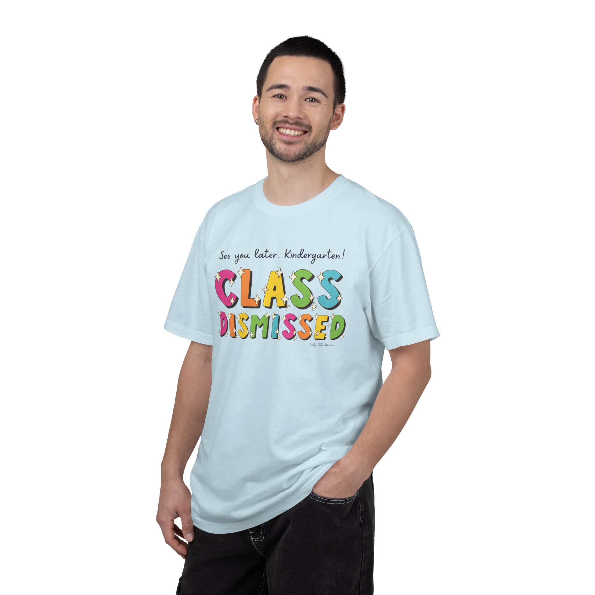 See you later, kindergarten! Class dismissed T-shirt featuring colorful, playful text perfect for celebrating the end of the school year for young children.