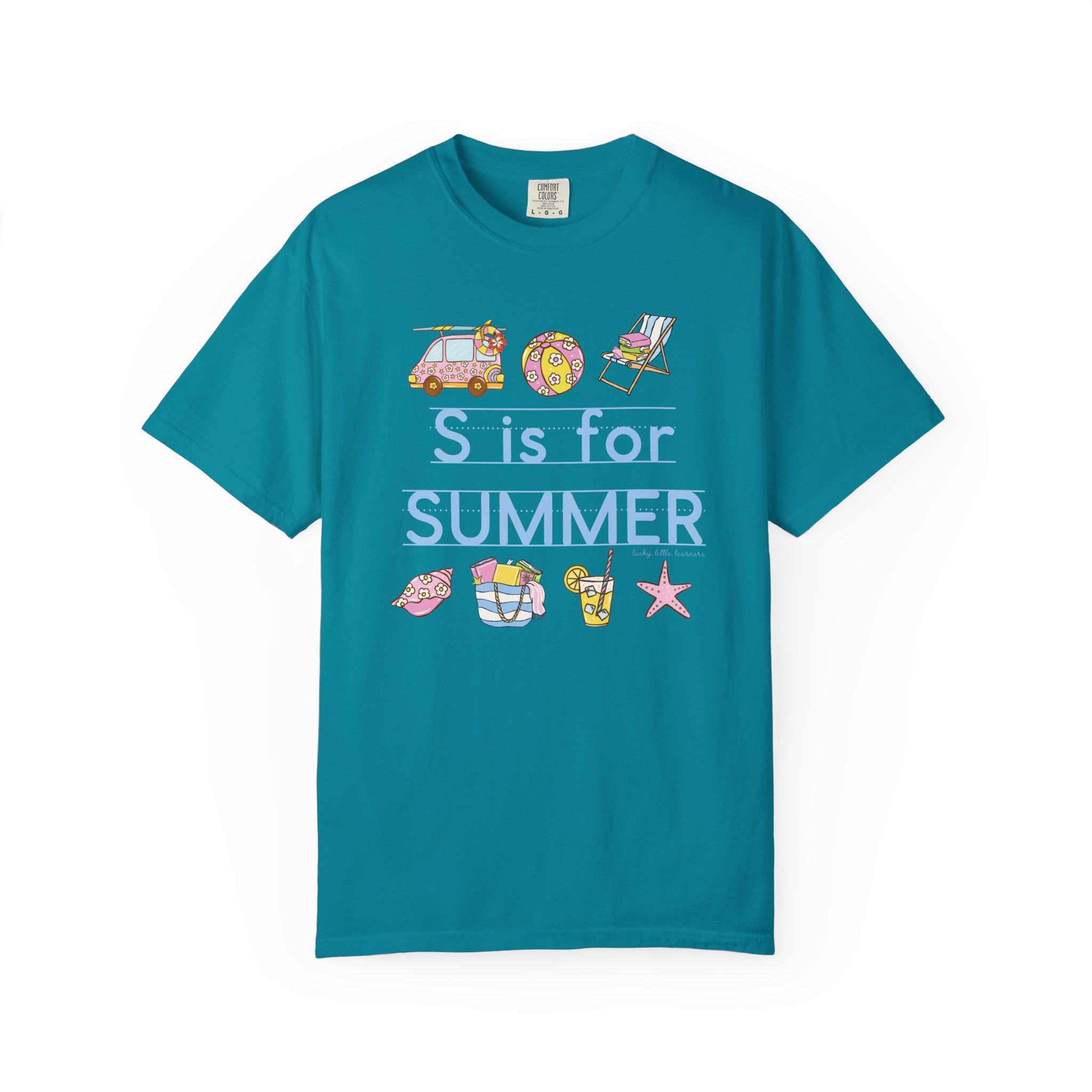 Relaxed, colorful summer-themed teacher T-shirt with beach and vacation icons, perfect for last day of school celebrations, featuring the phrase "S is for Summer" in playful font.