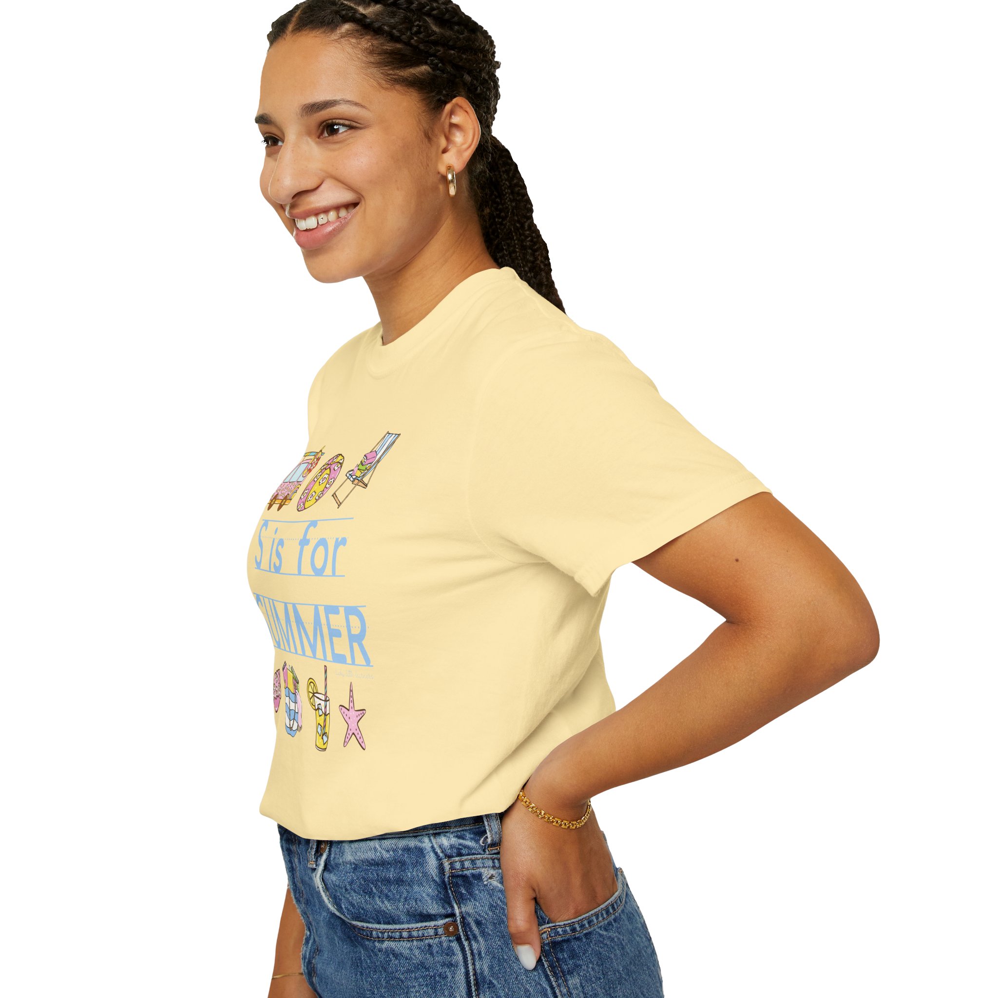 A cheerful teacher wearing a "S is for Summer" teacher T-shirt celebrating the last day of school, perfect for summer teacher appreciation and classroom celebrations.