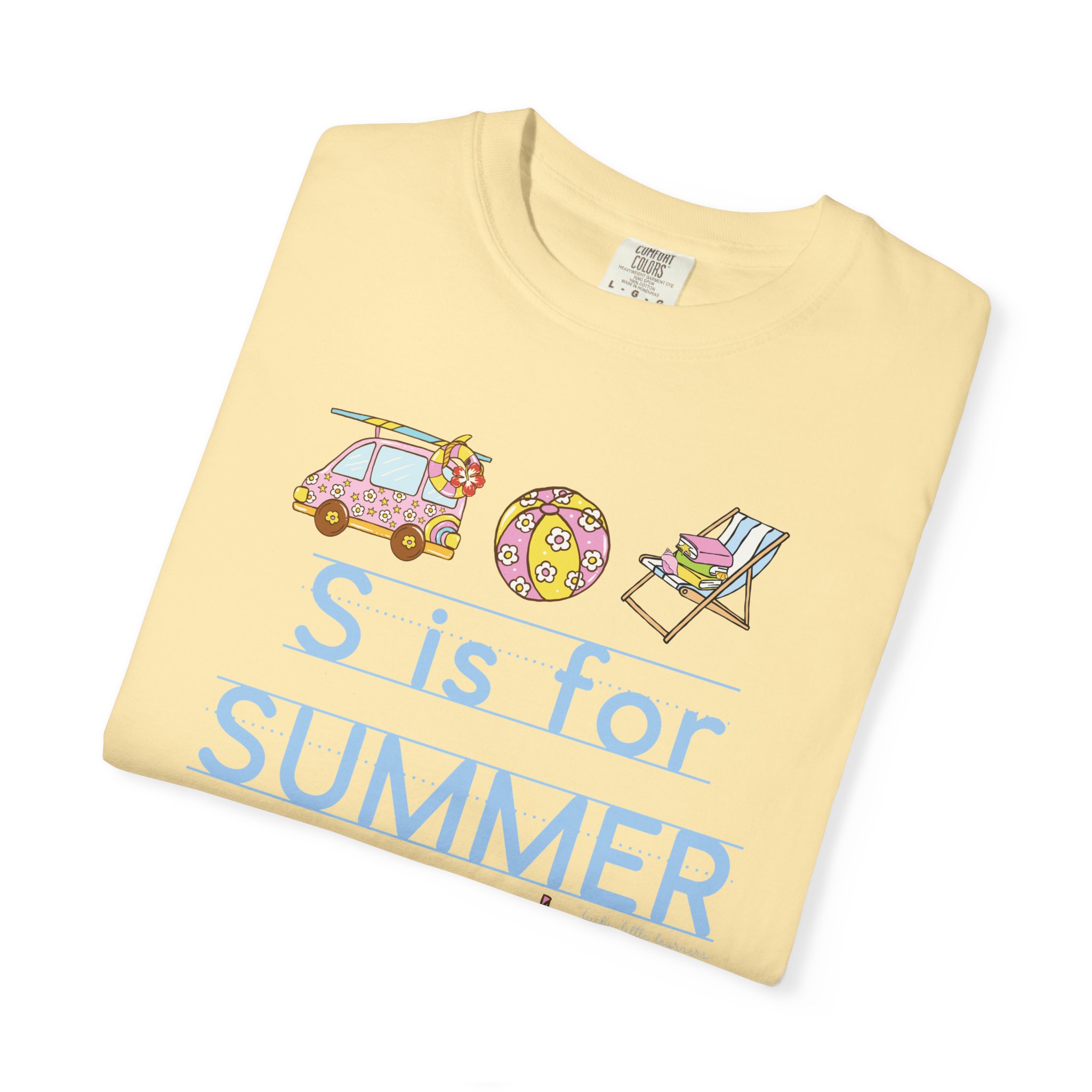 Enjoy summer with this fun "S is for Summer" teacher T-shirt, perfect for last day of school celebrations, featuring summer-themed illustrations like a car, float, and lounge chair.