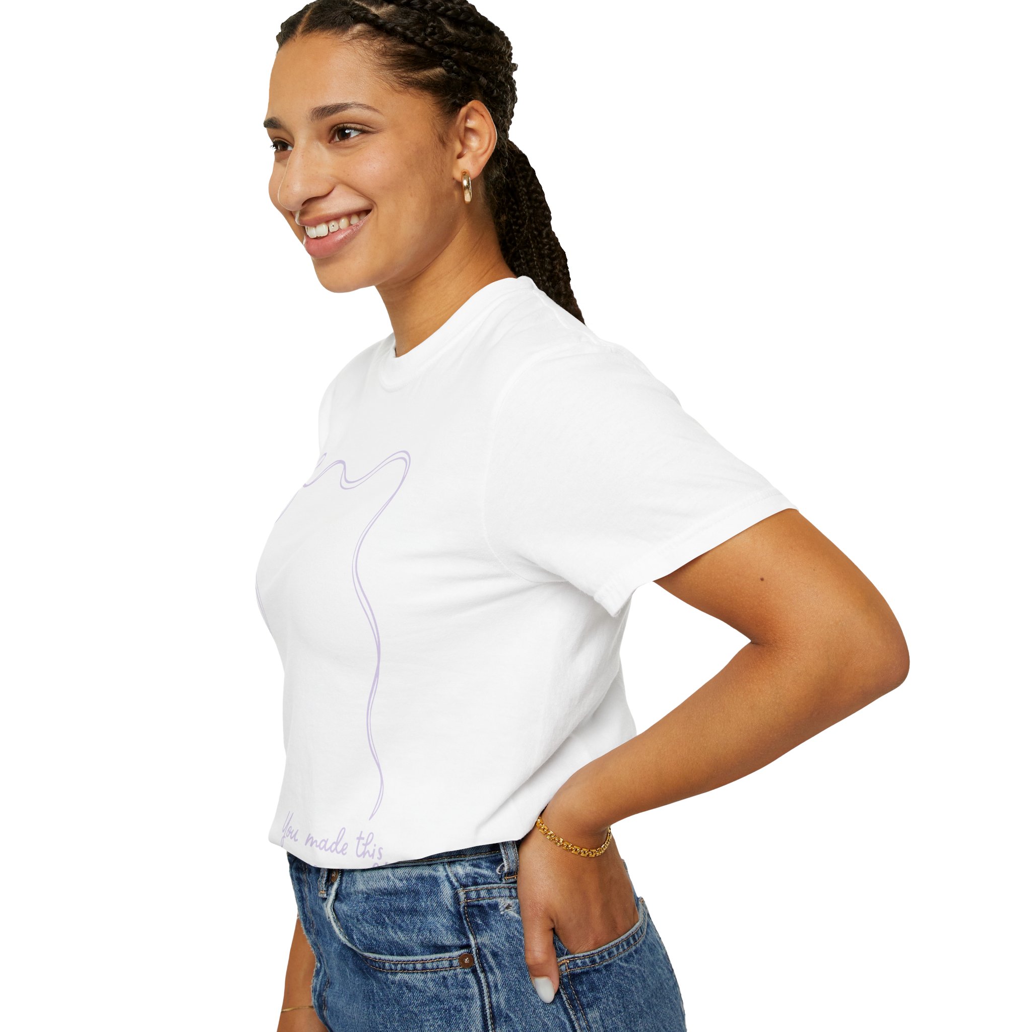 A woman wearing a white 2nd grade autograph T-shirt with a simple line drawing of a dinosaur, celebrating teacher appreciation and year-end keepsake for students and teachers.
