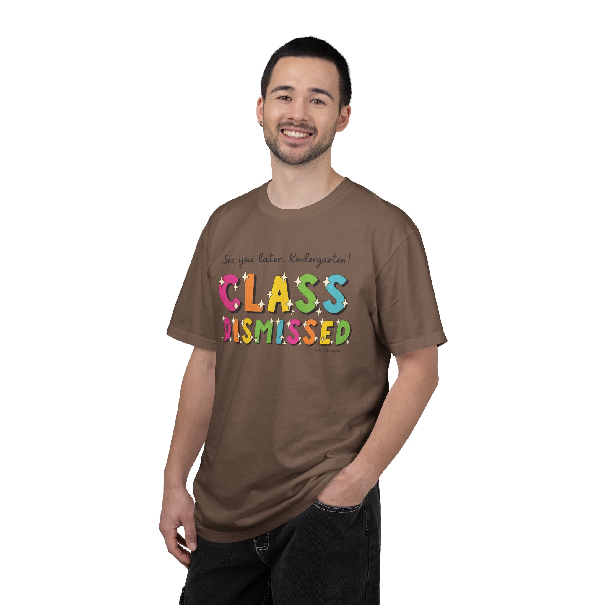 Enjoy your last day of kindergarten with this fun "Class Dismissed" T-shirt, perfect for celebrating the end of the school year and making memories with students and teachers.