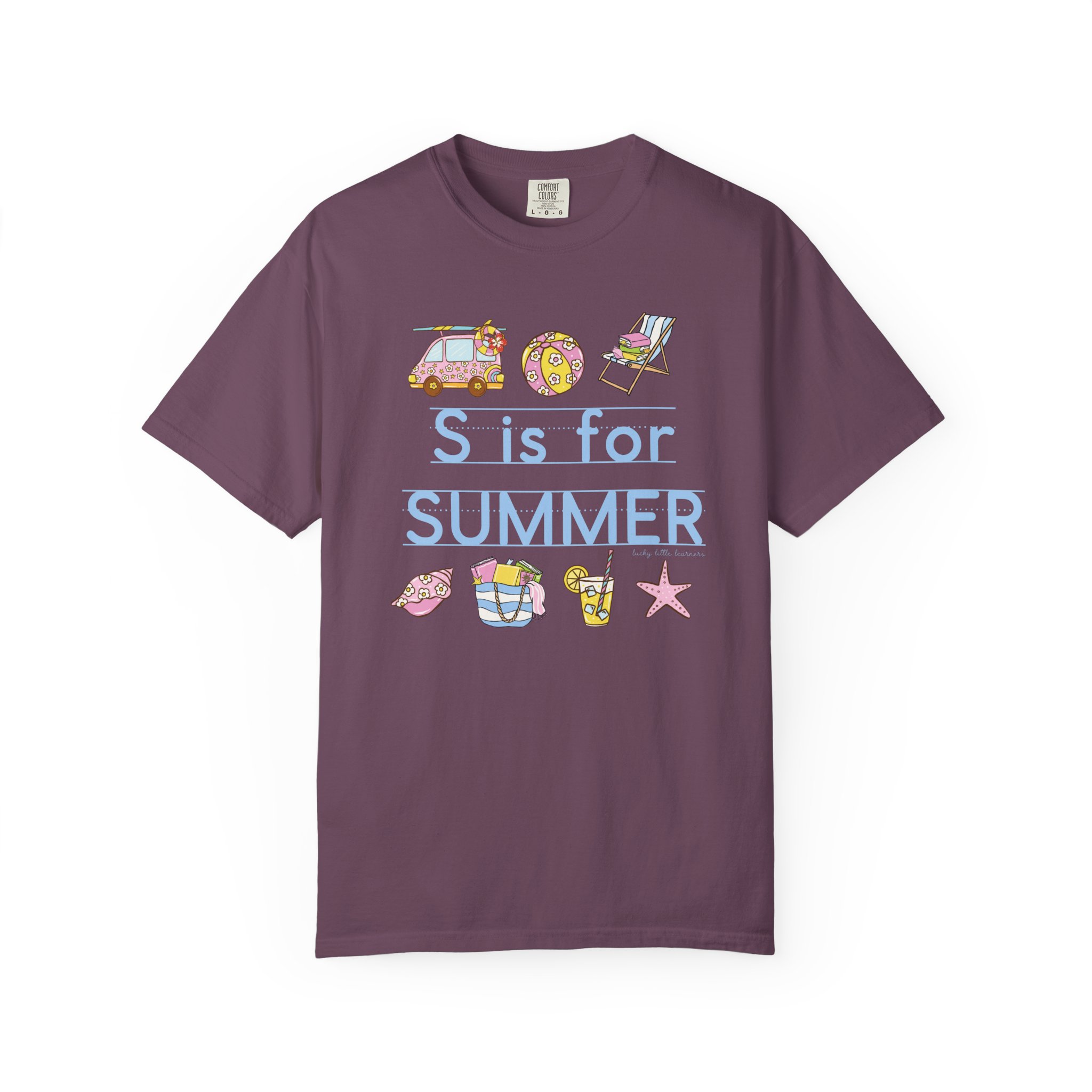Relaxed, colorful summer-themed teacher T-shirt with beach and vacation icons, perfect for last day of school celebrations, featuring the phrase "S is for Summer" in playful font.