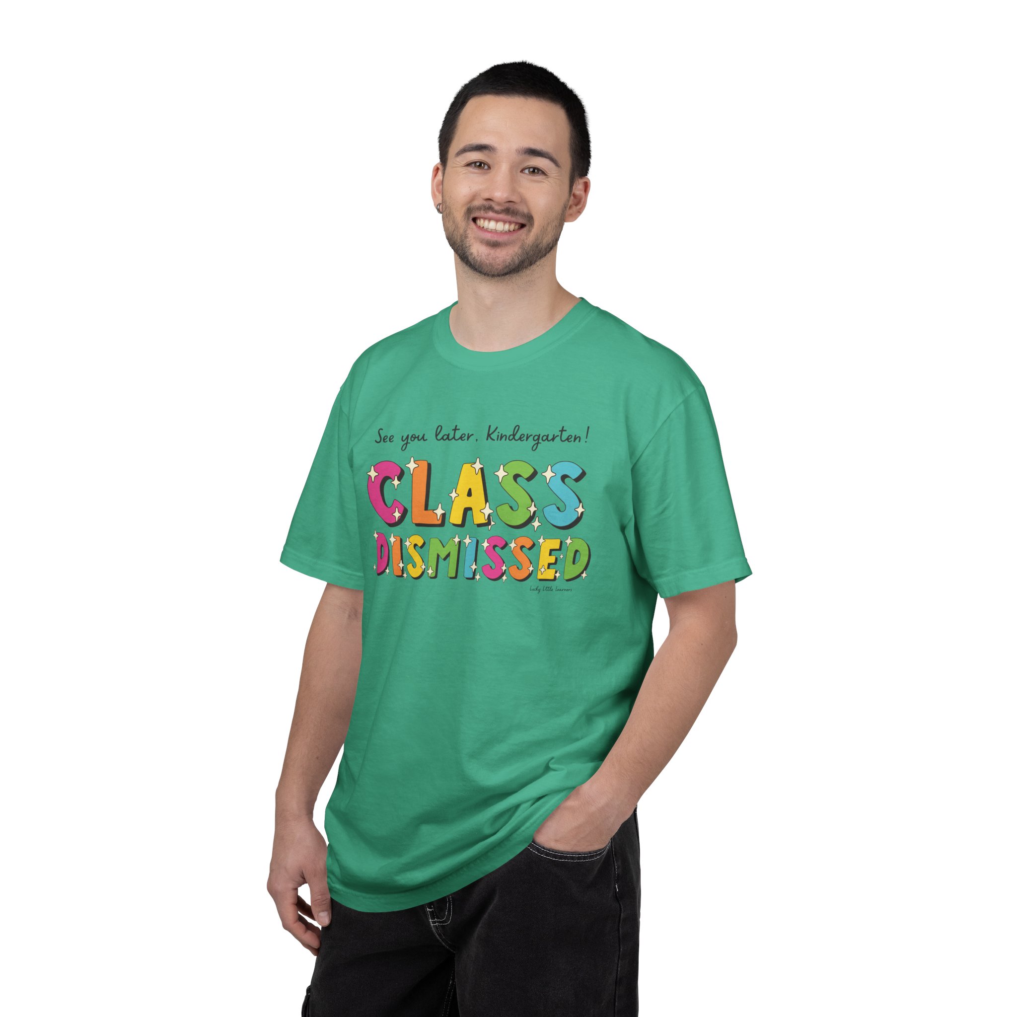 See you later, Kindergarten! Class Dismissed T-shirt for teachers and students, colorful classroom apparel, perfect for end-of-year celebrations, back-to-school, and kindergarten graduation.