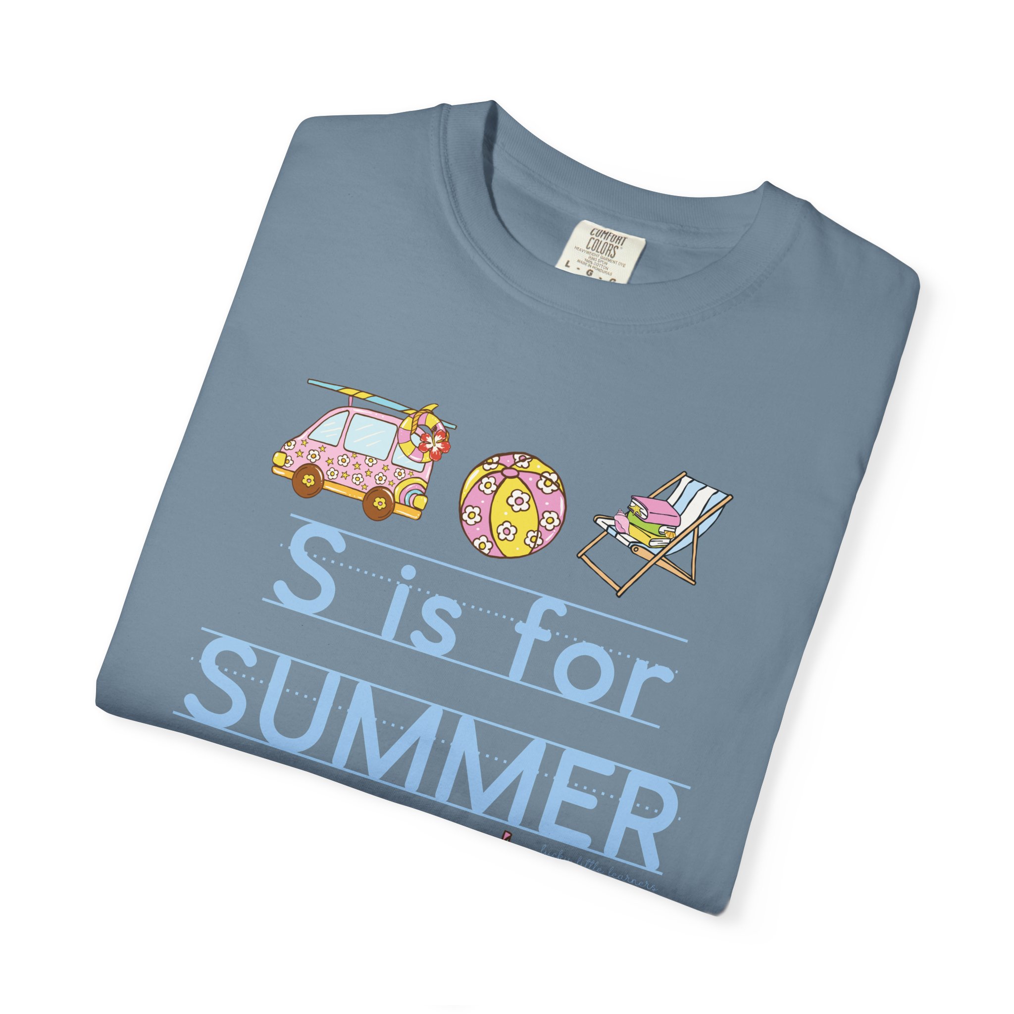 Relaxed, colorful summer-themed teacher T-shirt with a car, beach ball, and lounge chair, perfect for last day of school celebrations, featuring "S is for Summer" text, ideal for educators and summer.