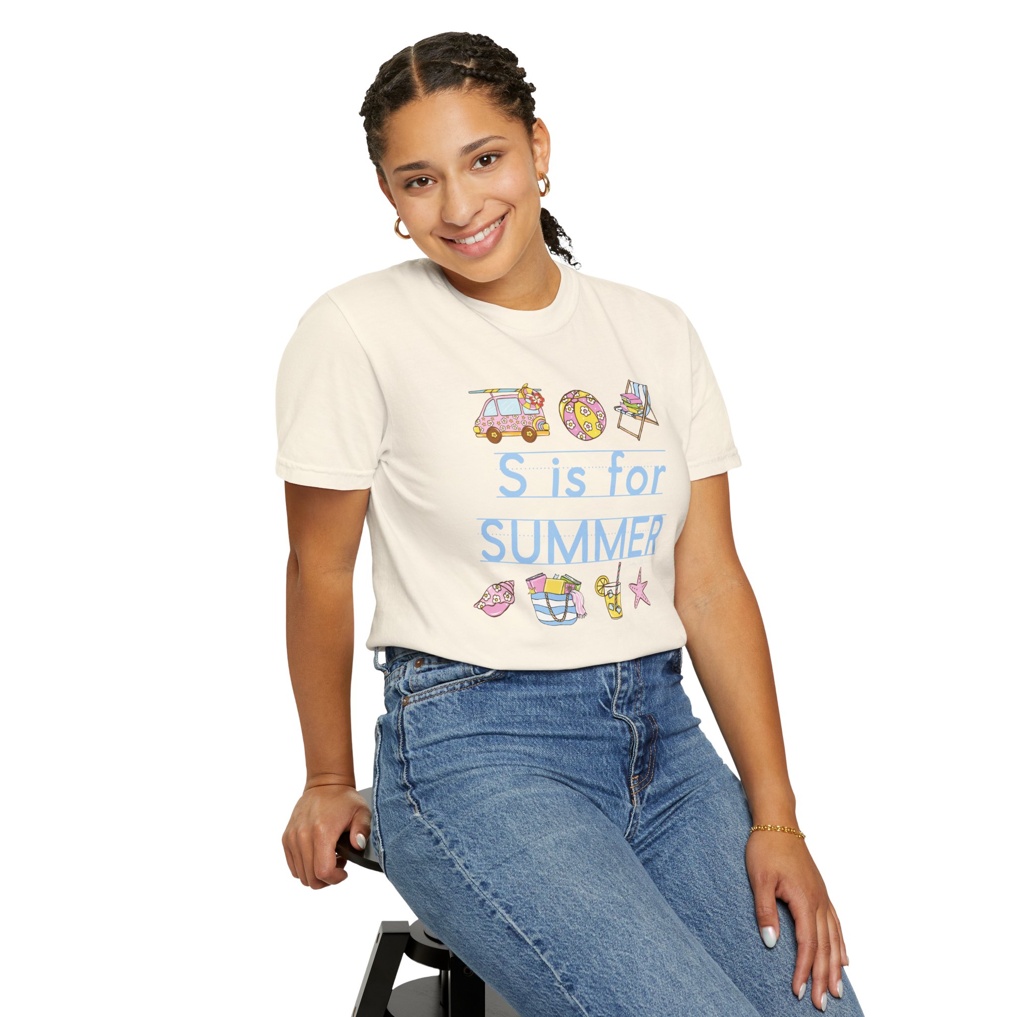 Enjoy summer with this adorable "S is for Summer" teacher T-shirt, perfect for last day of school celebrations, featuring colorful summer-themed illustrations and comfortable fit.