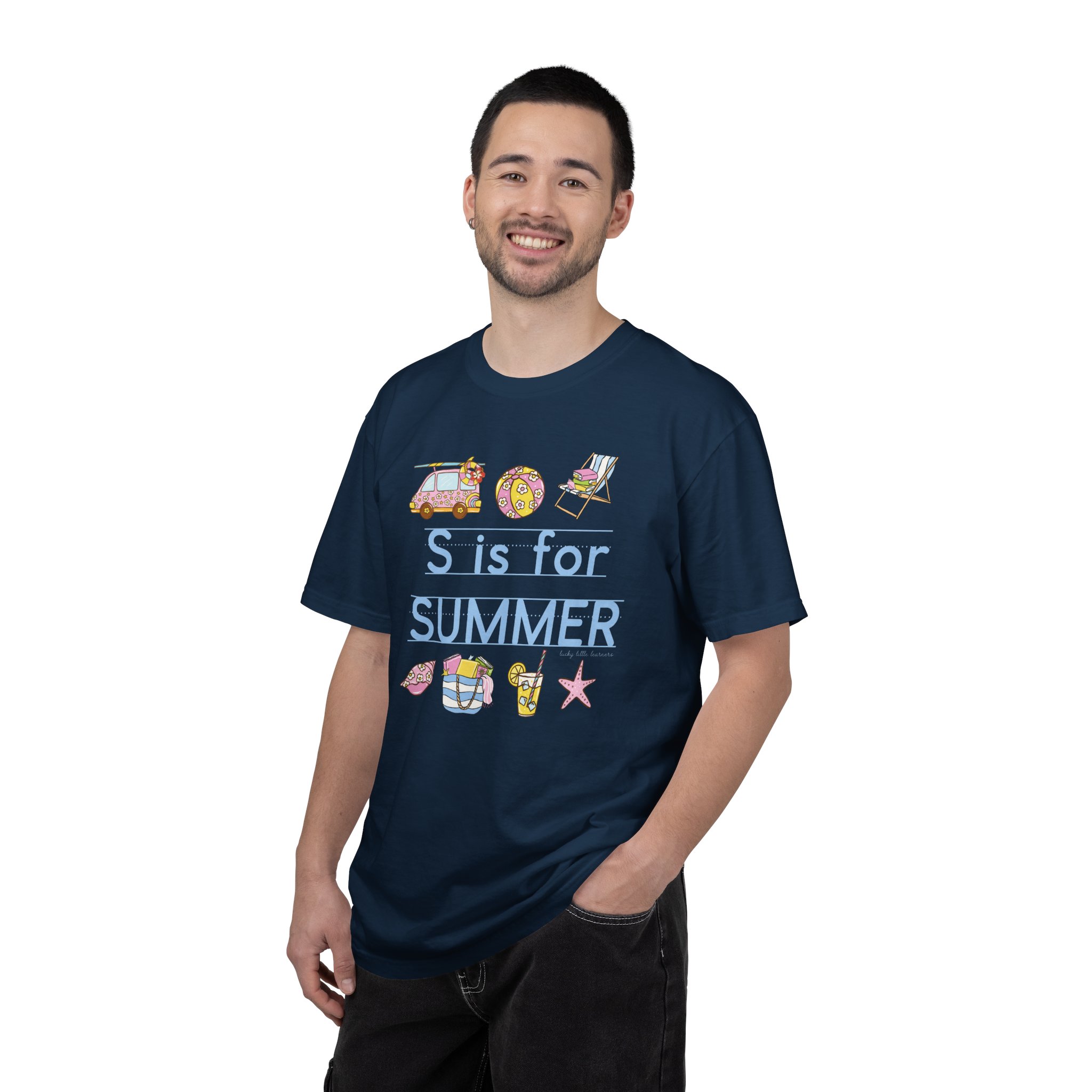 Relaxed man wearing a navy blue "S is for Summer" teacher T-shirt with summer-themed illustrations, celebrating the last day of school, perfect for summer teacher appreciation and end-of-year events.