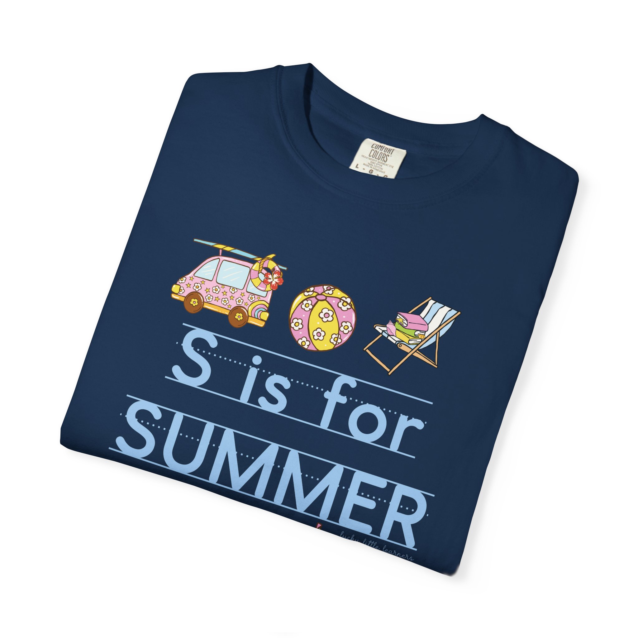 Relaxed, colorful "S is for Summer" teacher T-shirt with a car, beach ball, and lounge chair, perfect for last day of school celebrations and summer teaching activities.