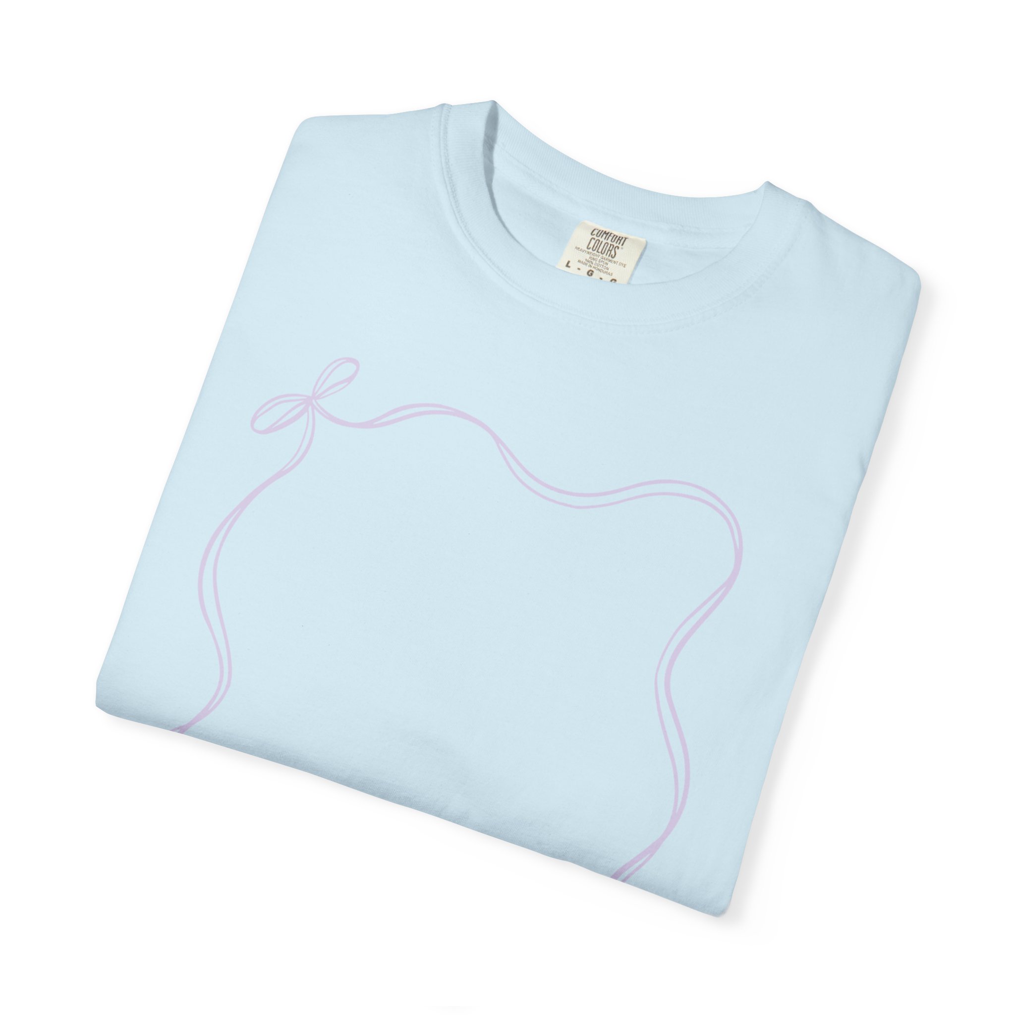 A soft blue 2nd grade autograph T-shirt with a simple pink outline of an apple, perfect as a teacher wearable year-end keepsake for students to sign and cherish.