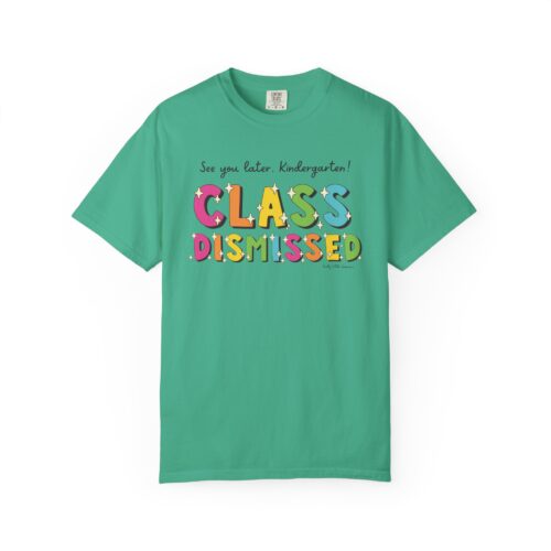 Enjoyable, colorful "Class Dismissed" kindergarten T-shirt for kids, perfect for celebrating the end of school year, featuring playful lettering and a fun design for young learners.
