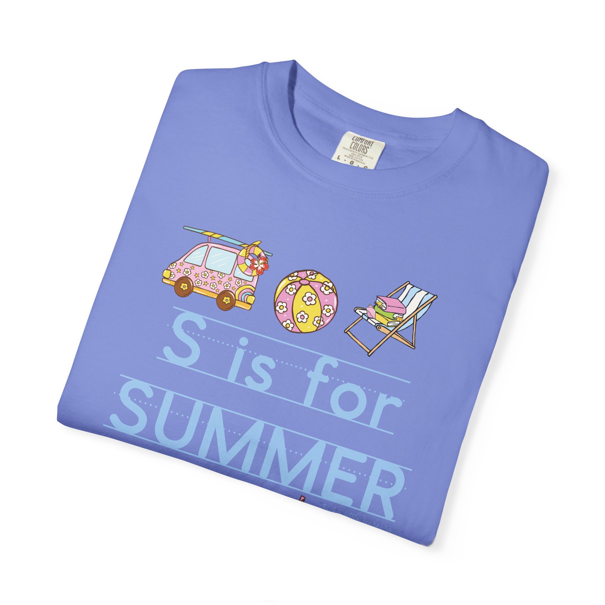Relaxed and colorful "S is for Summer" teacher T-shirt with a car, beach ball, and lounge chair, perfect for last day of school celebrations and summer classroom activities.