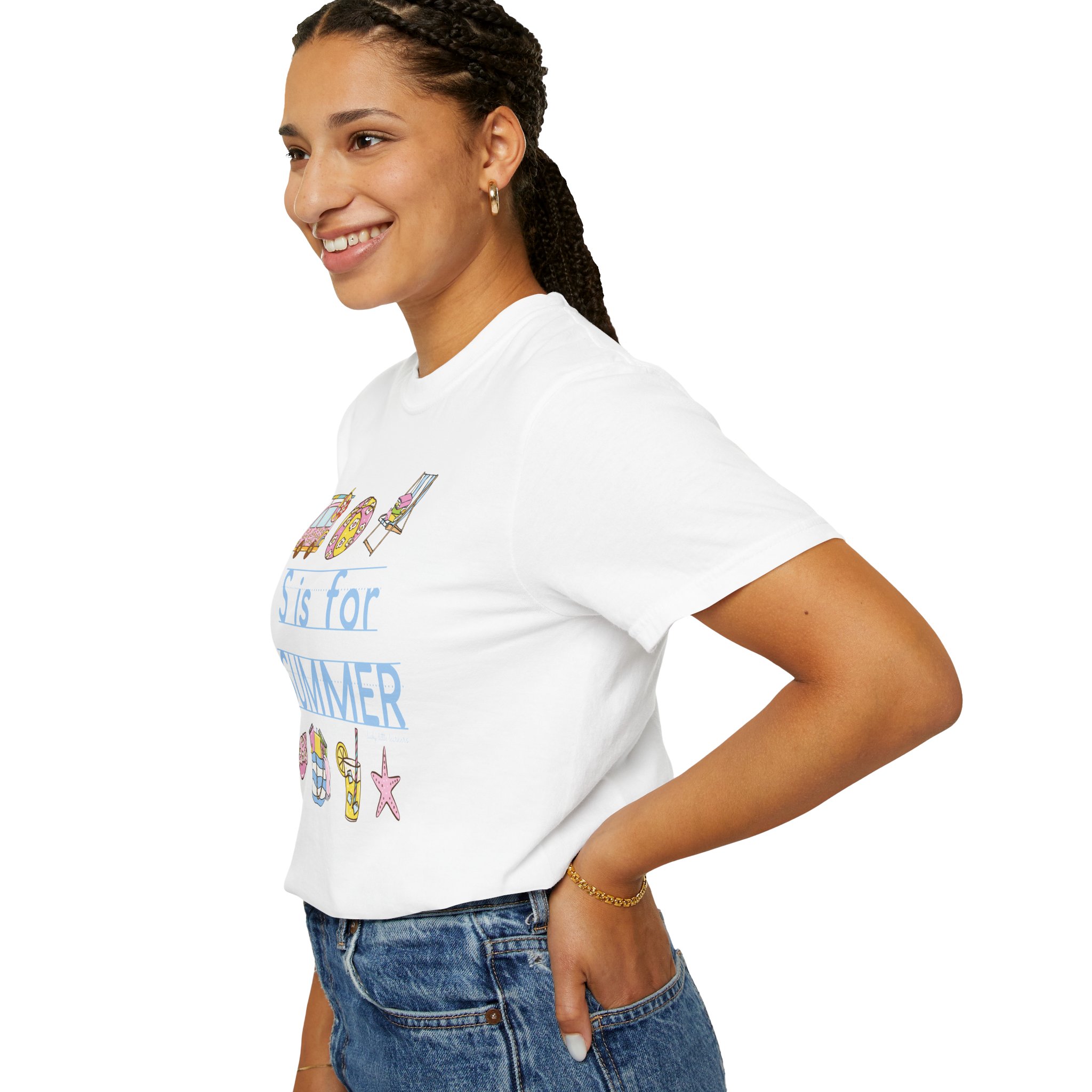 A colorful "S is for Summer" teacher T-shirt featuring fun summer-themed graphics, perfect for last day of school celebrations and summer teaching events.
