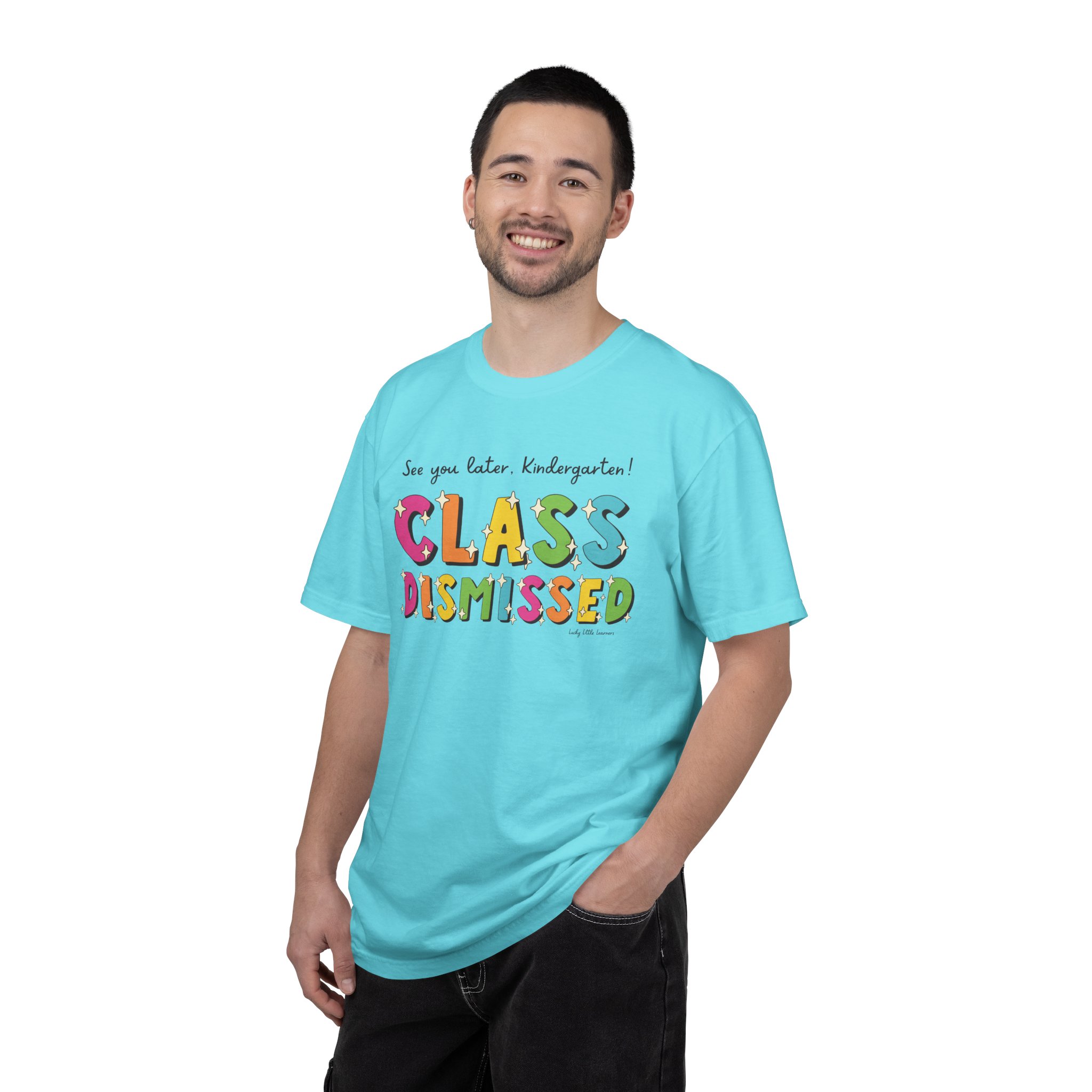 See you later kindergarten! Class dismissed T-shirt for teachers and students, fun back-to-school apparel, perfect for preschool and elementary school, colorful classroom clothing, educational gift.