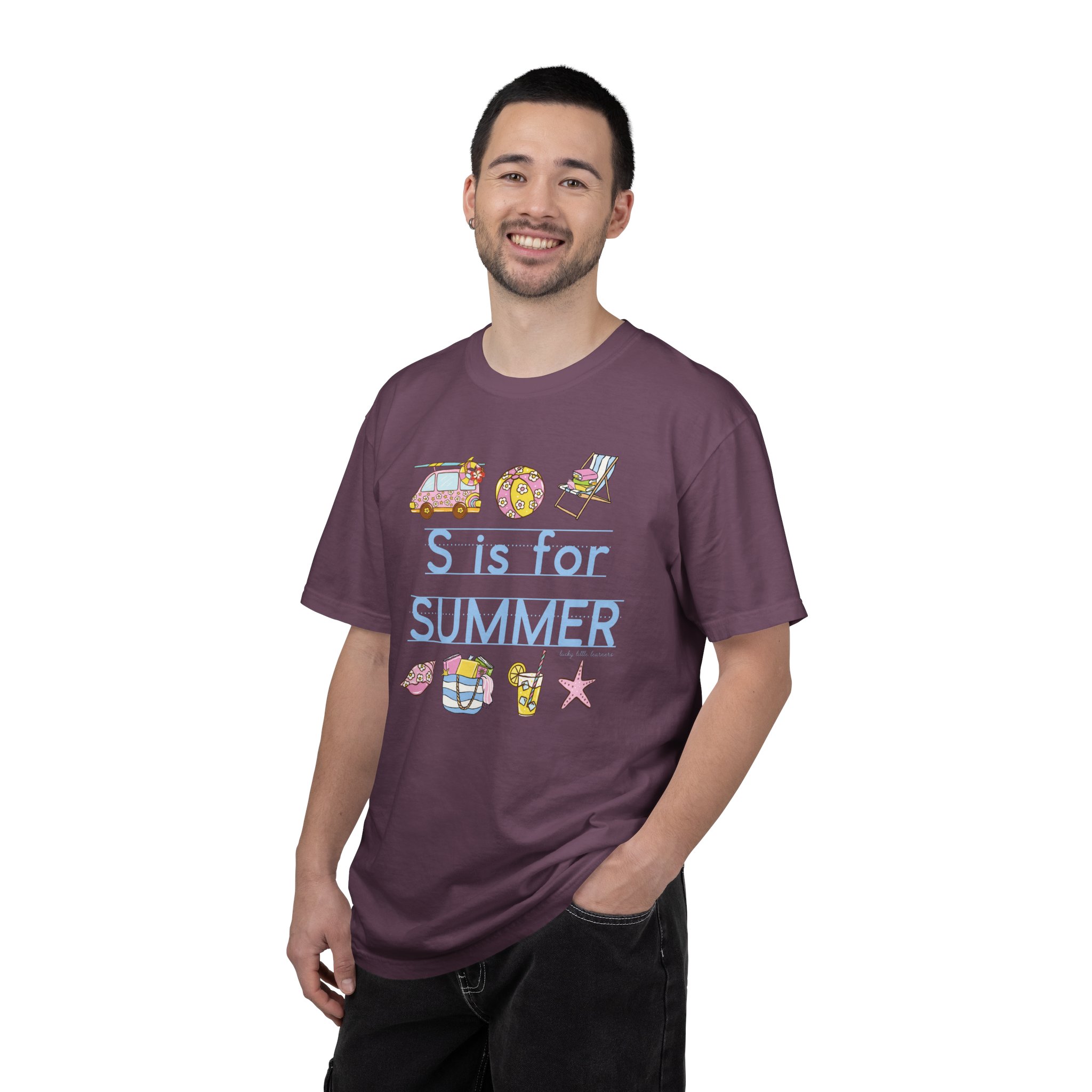 Relaxed man wearing a purple "S is for Summer" teacher T-shirt, celebrating the last day of school with summer-themed illustrations, perfect for summer teacher appreciation and end-of-year celebratio.