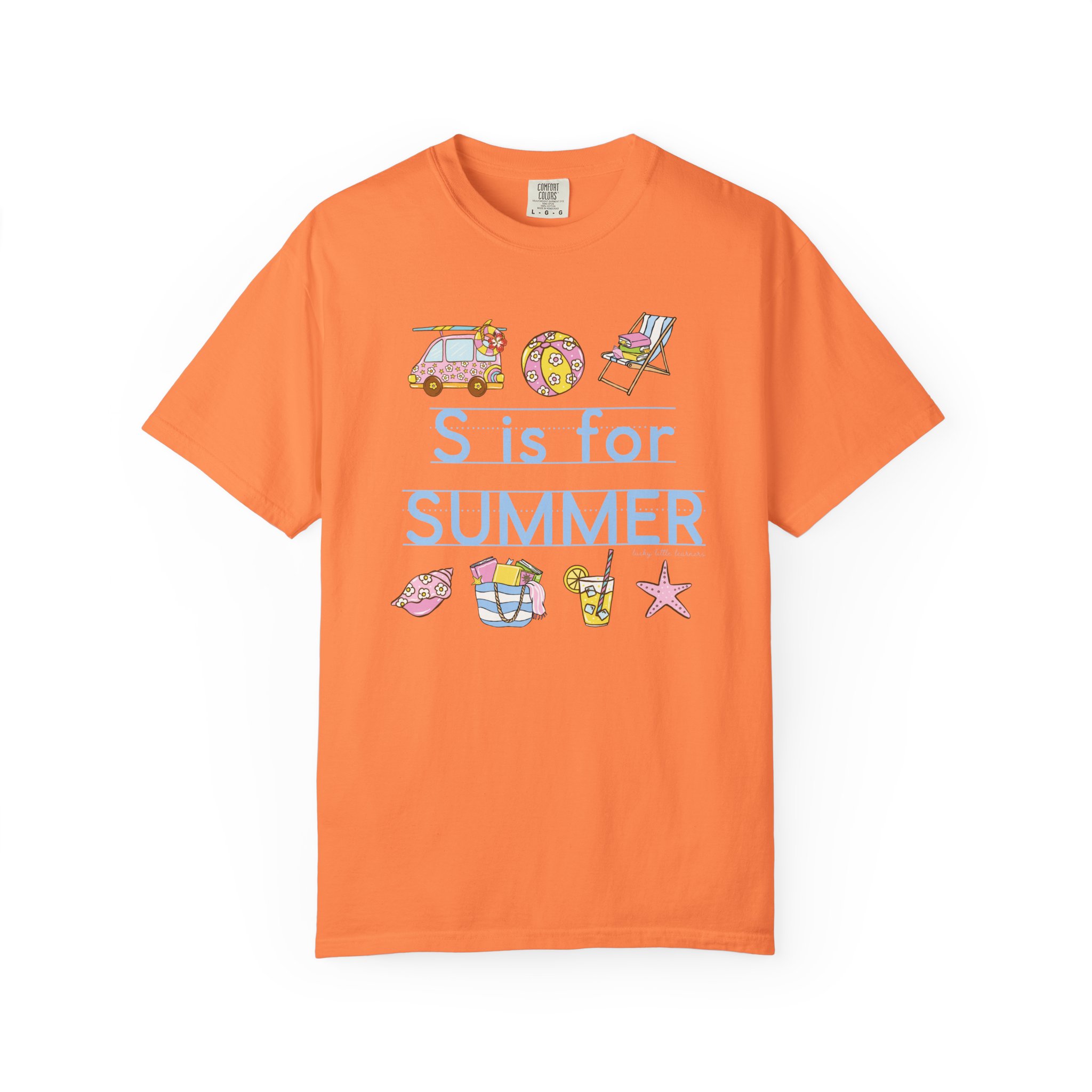 Relaxed, colorful "S is for Summer" teacher T-shirt with summer-themed icons like a beach chair, starfish, and sunglasses, perfect for last day of school celebrations and summer teaching activities.