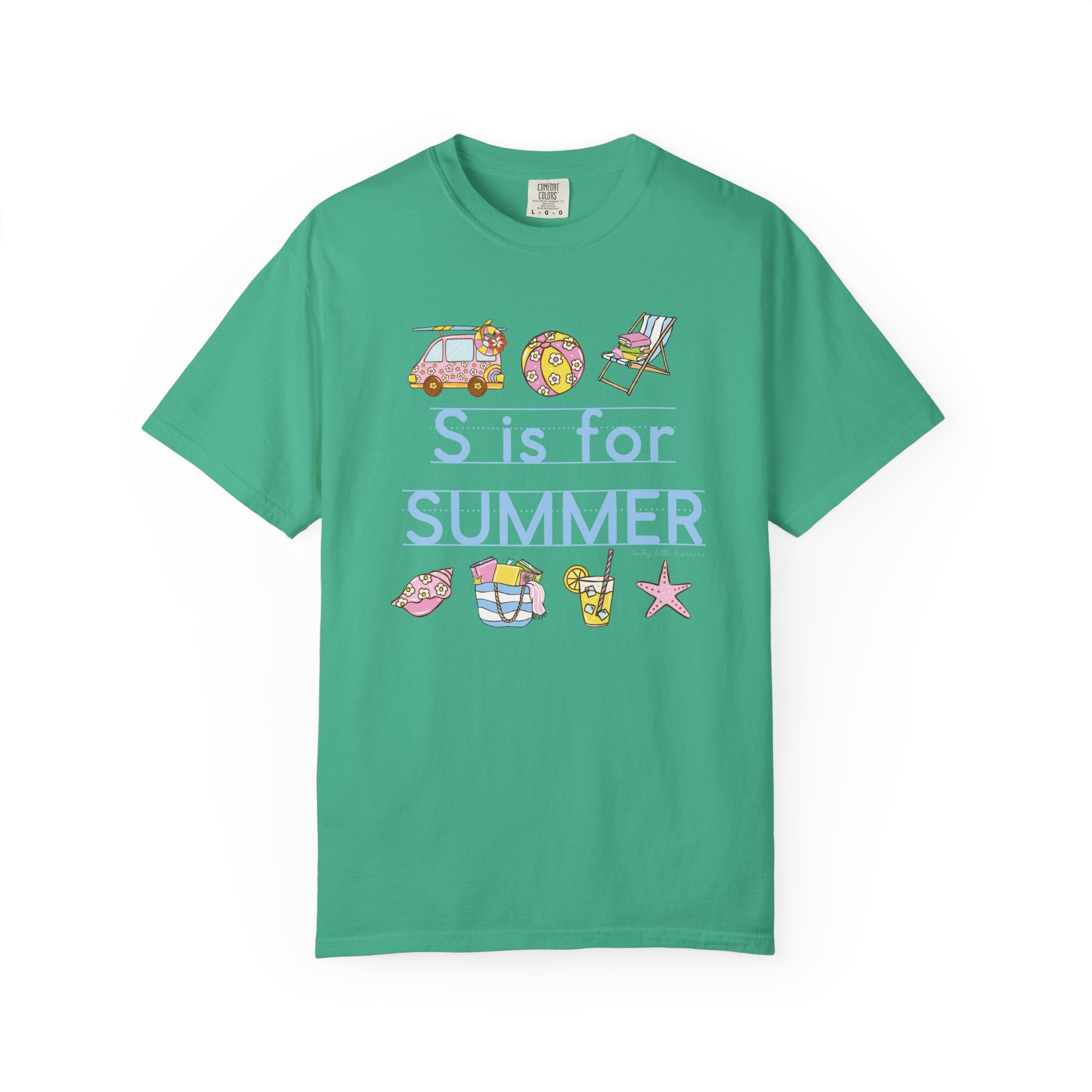 Relaxed, colorful summer-themed teacher T-shirt with illustrations of a van, donut, beach chair, flip-flops, bucket, drink, and starfish, perfect for last day of school celebrations.
