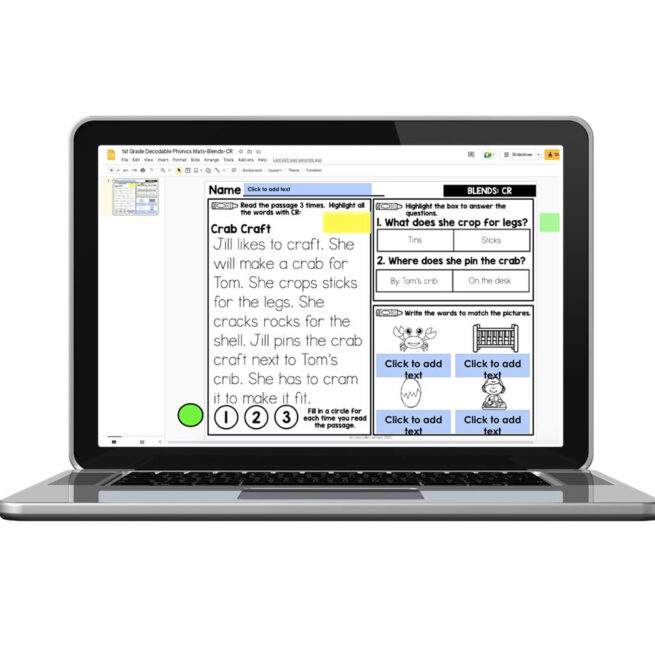 Digital 1st Grade Decodable Phonics Passage - Blends - CR - Lucky ...