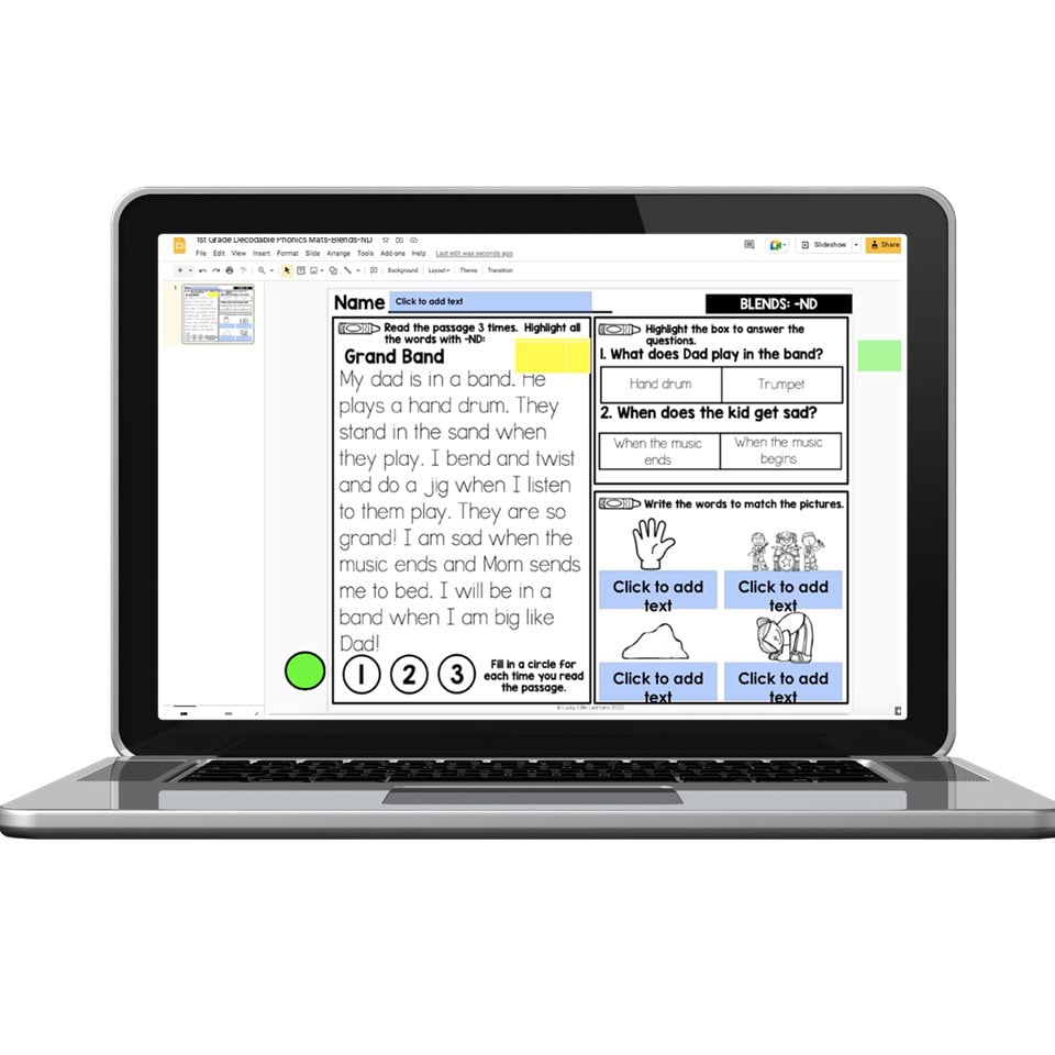 Digital 1st Grade Decodable Phonics Passage - Blends - ND - Lucky ...