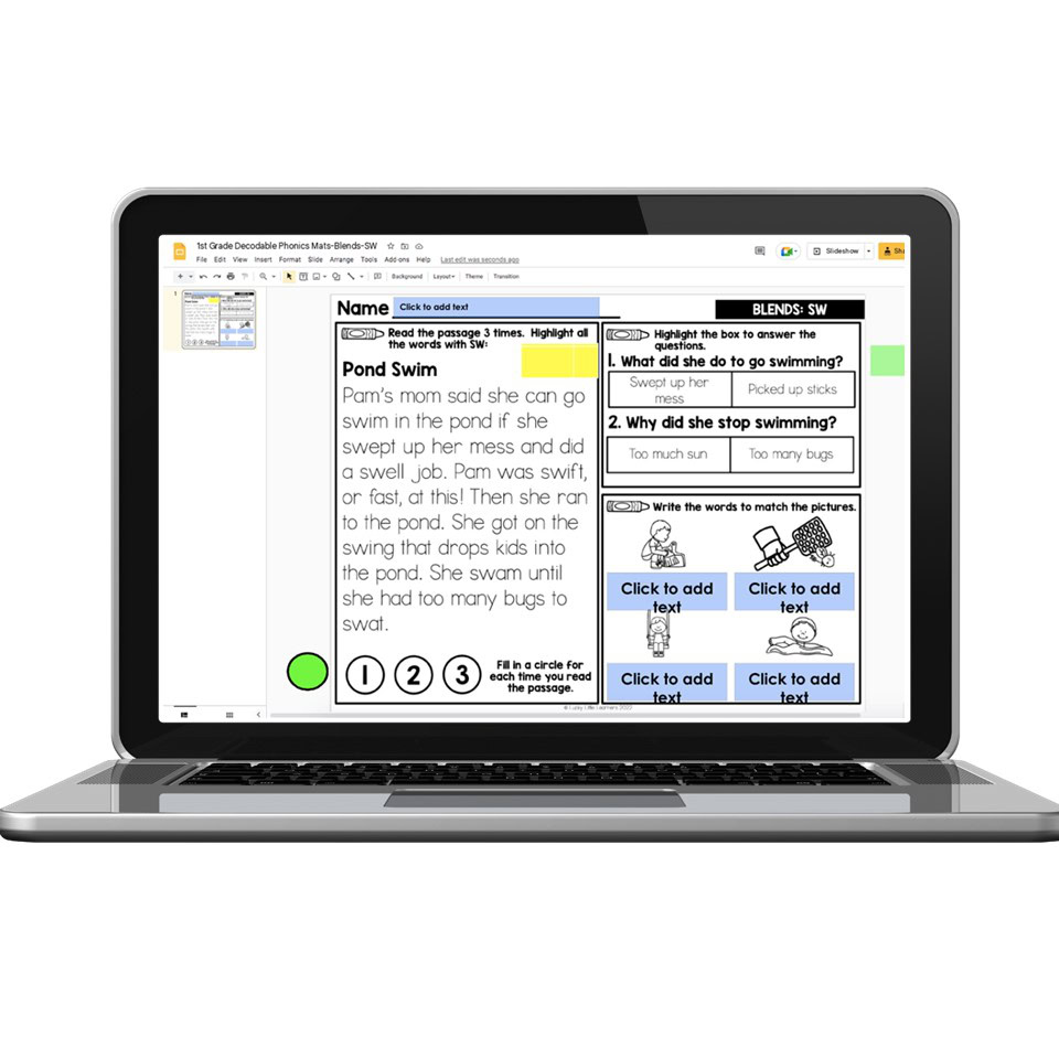 Digital 1st Grade Decodable Phonics Passage - Blends - SW - Lucky ...