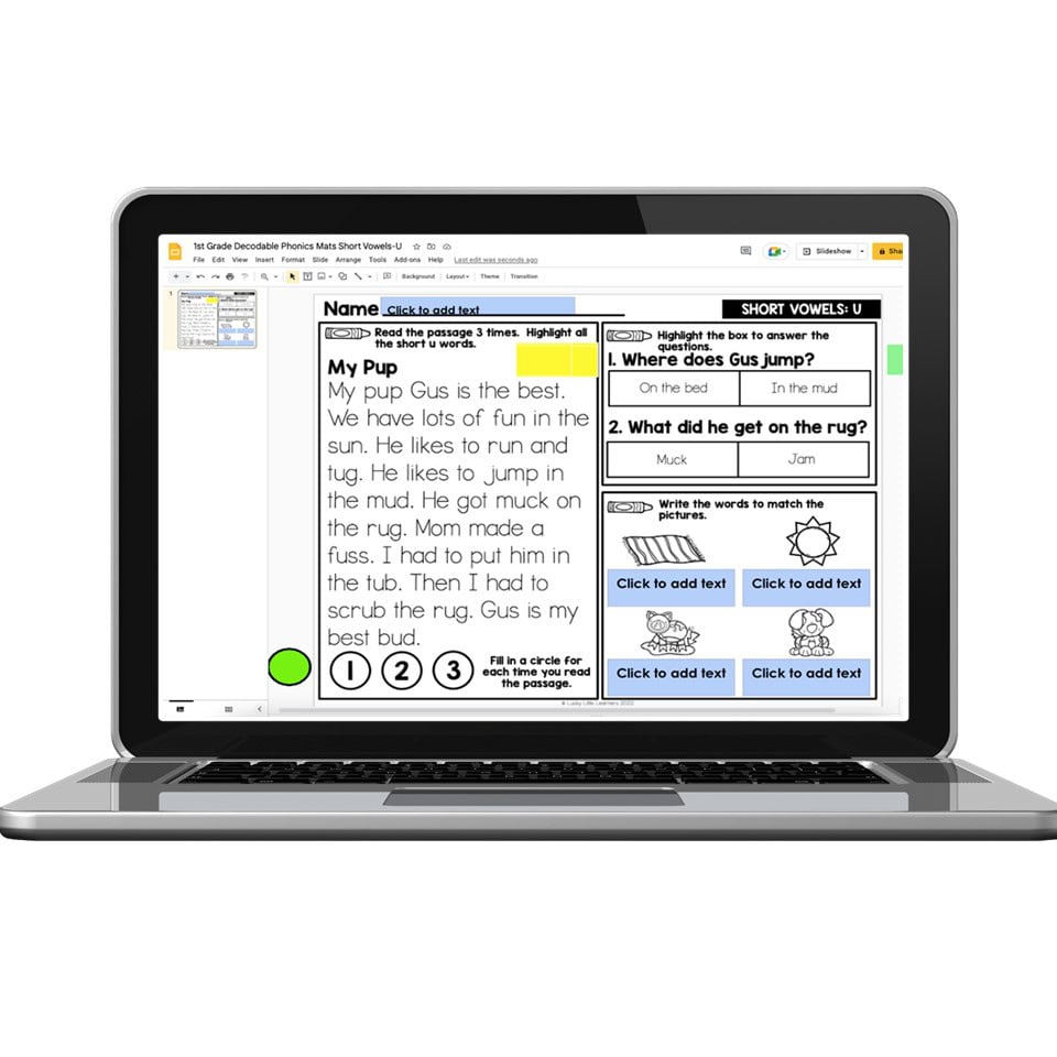 Digital 1st Grade Decodable Phonics Passages - Short Vowels - U - Lucky ...
