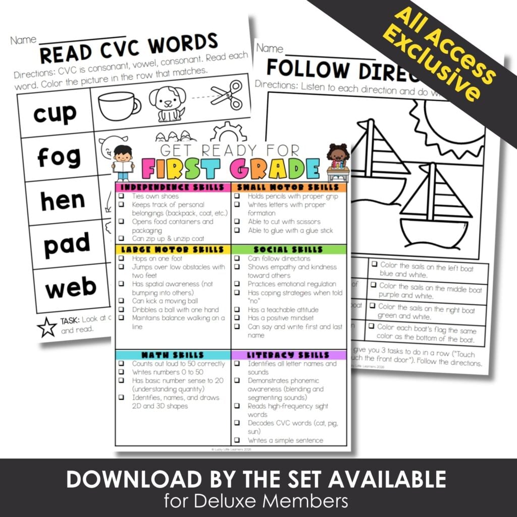 A colorful educational worksheet for first grade students focusing on CVC words, follow directions, and motor skills, designed to enhance early literacy and comprehension skills.