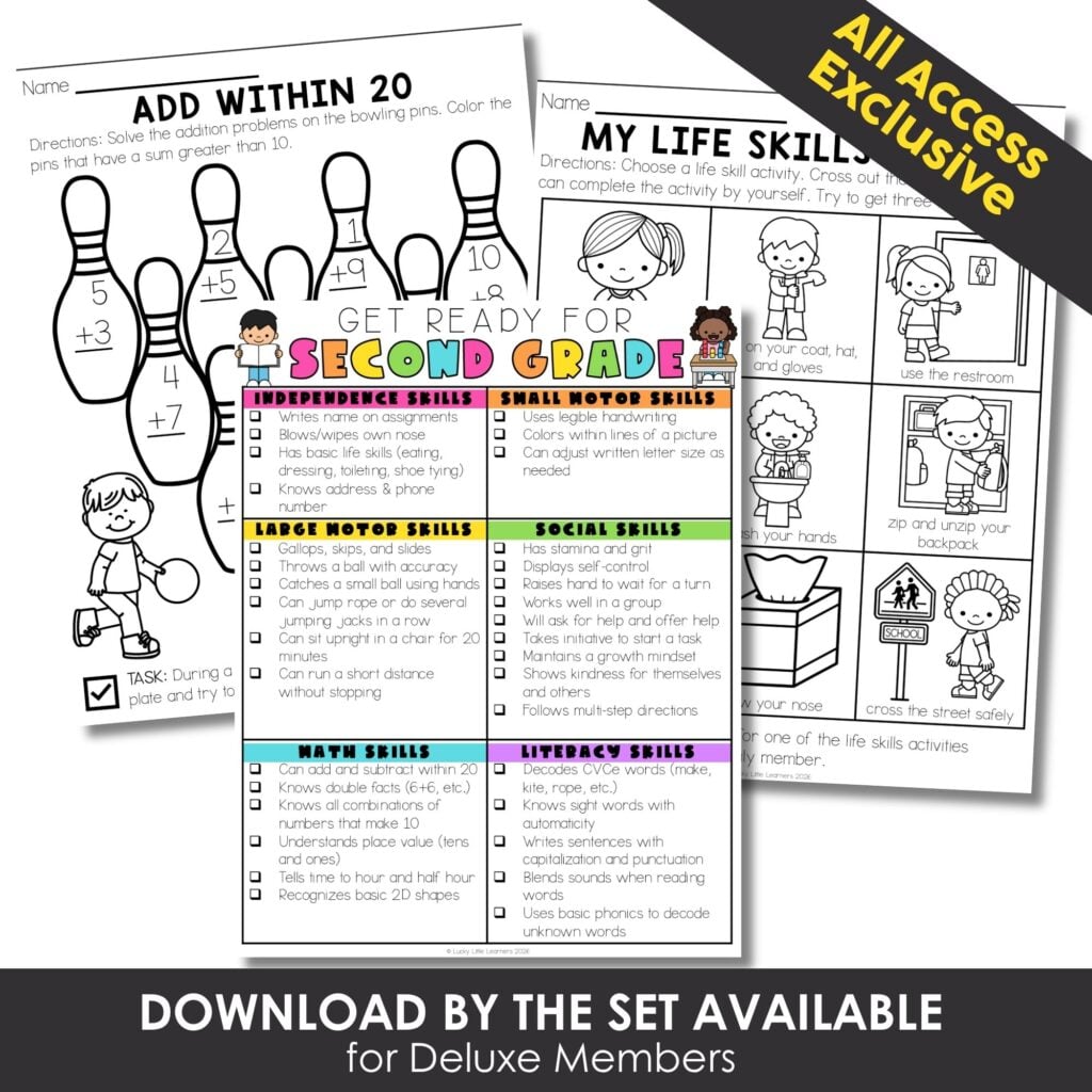 Educational worksheet for second grade with activities on addition, life skills, motor skills, and social skills, designed for young learners to develop essential skills.