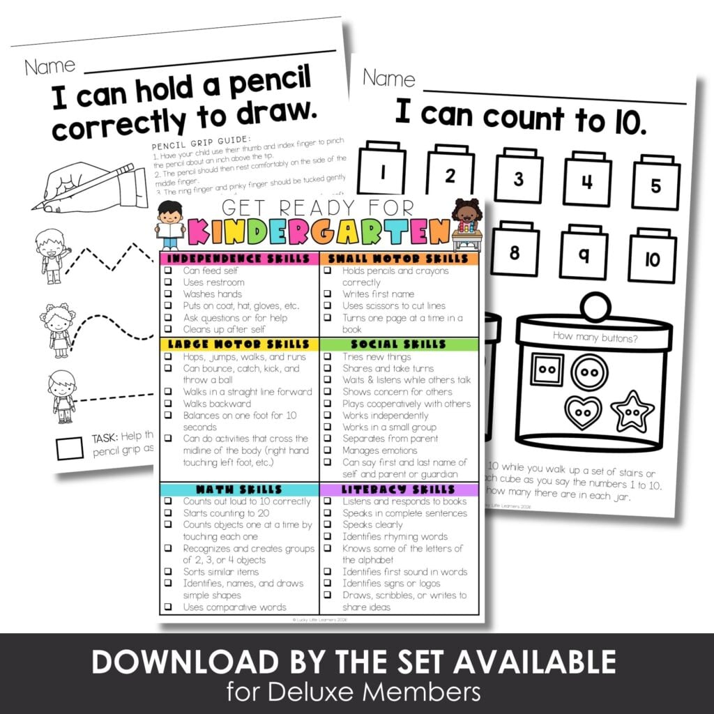 A colorful and engaging set of educational worksheets for kindergarten, focusing on handwriting, counting, social skills, and more, designed to support early childhood learning and development.